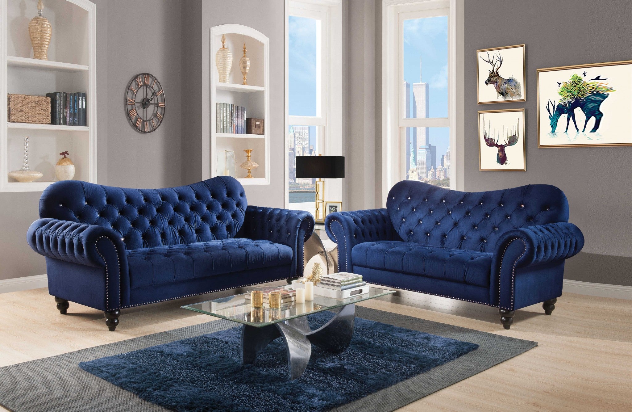 A luxurious navy velvet sofa measuring 91x42x31 inches, featuring button tufting and chrome finish legs, perfect for stylish living rooms.