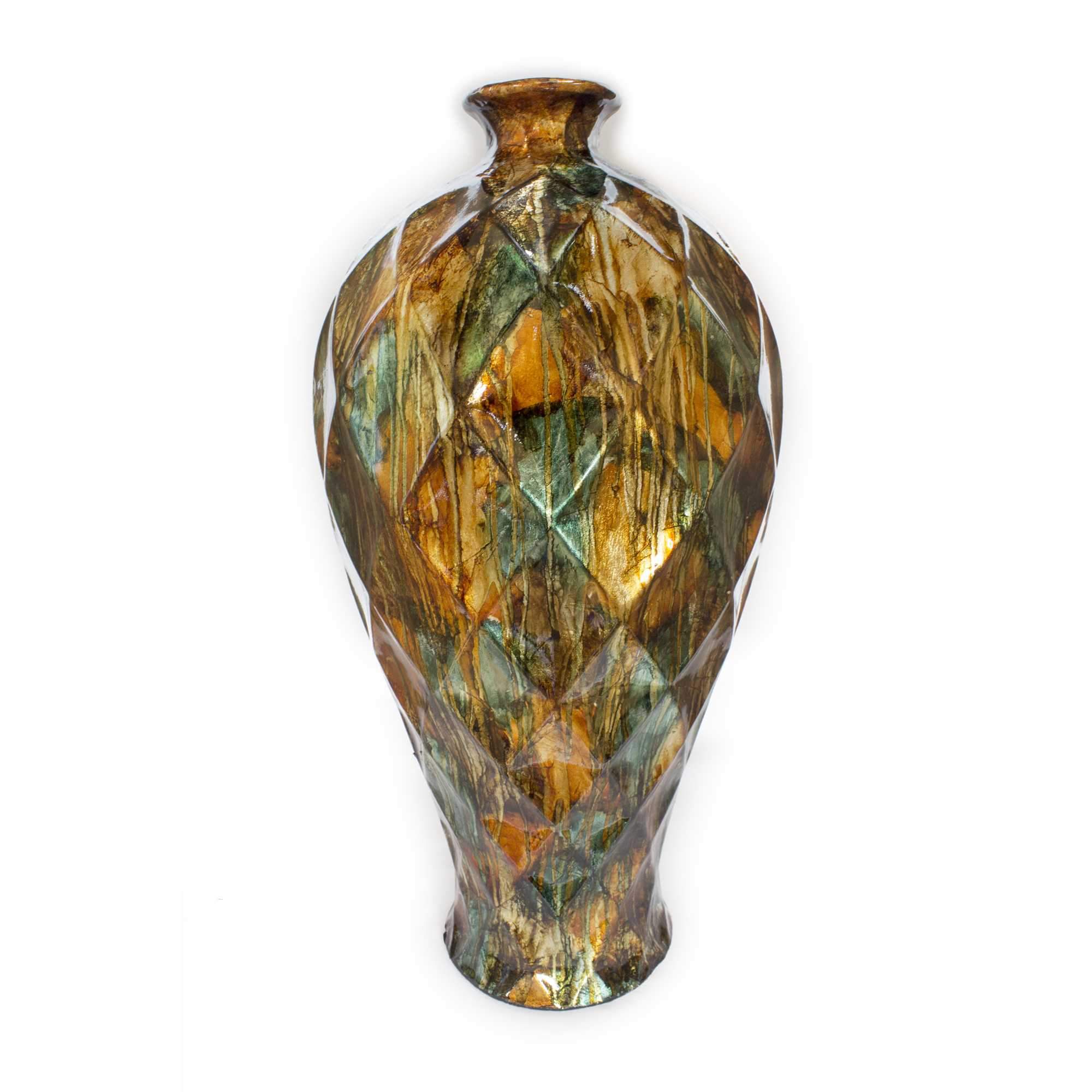 A tall bronze ceramic floor vase measuring 20 inches in height and 9.5 inches in width, showcasing a unique artistic design.