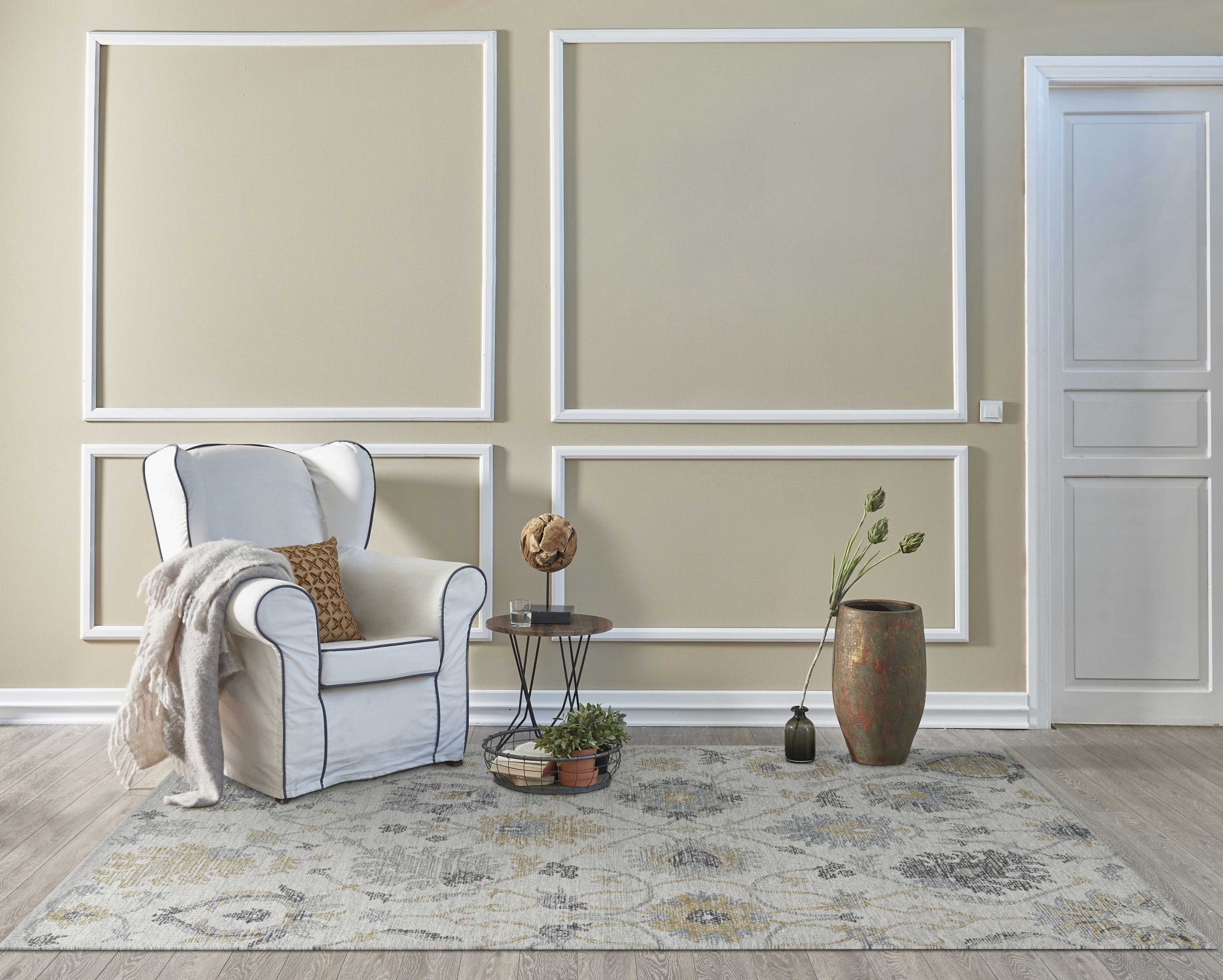 A luxurious 96 x 132 ivory wool rug, hand-tufted with a soft texture, ideal for enhancing living spaces.