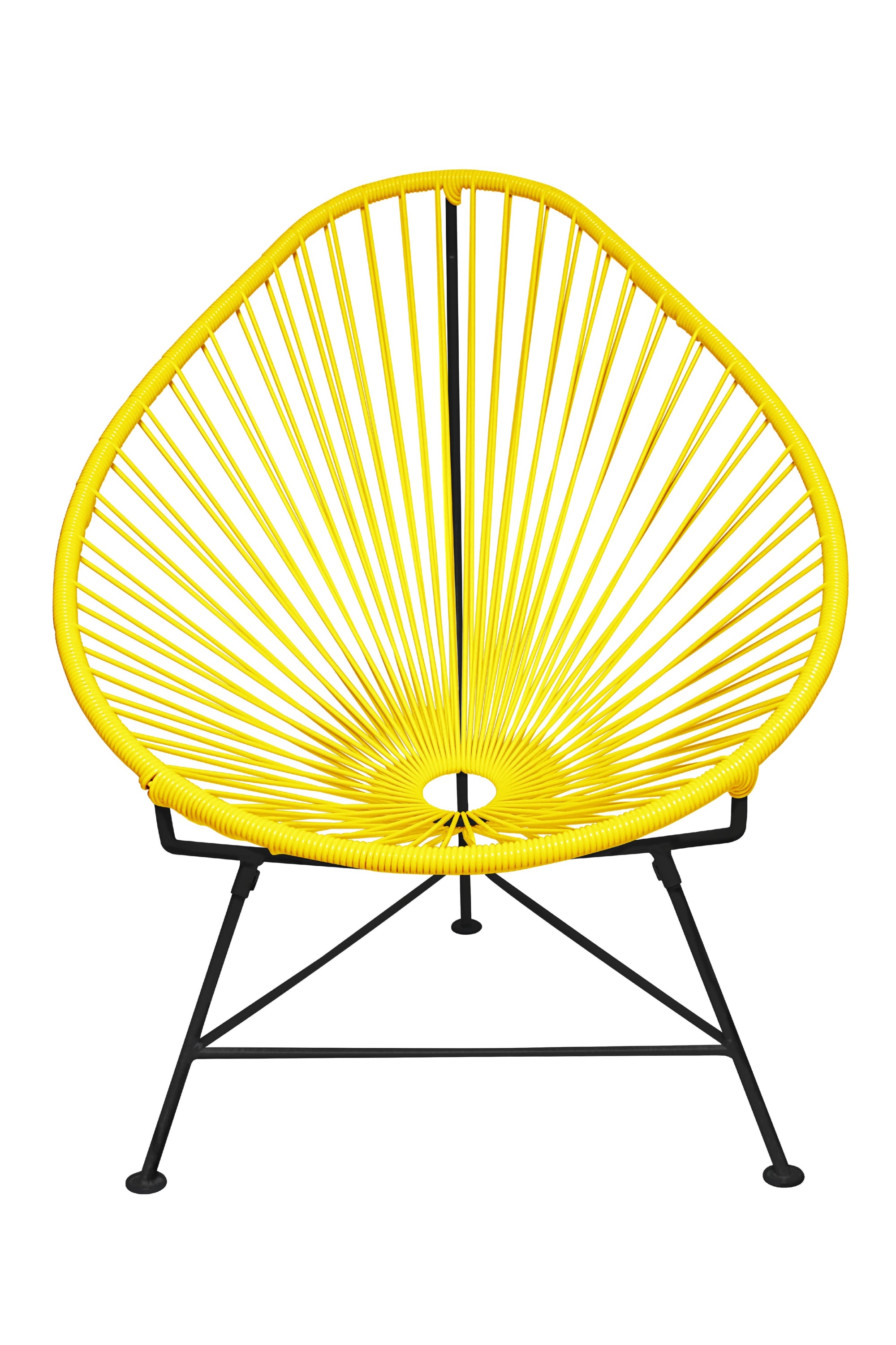 The Acapulco Chair featuring a pear-shaped design with a durable steel frame and colorful woven vinyl cord, perfect for stylish seating.