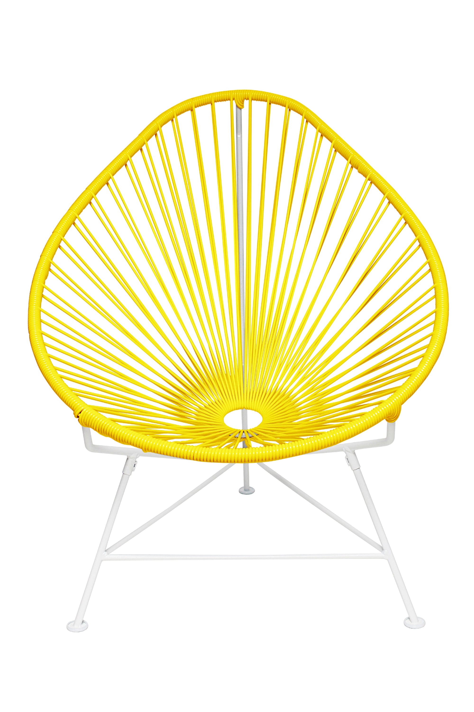 The Acapulco Chair featuring a pear-shaped design with a durable steel frame and colorful woven vinyl cord, perfect for stylish seating.