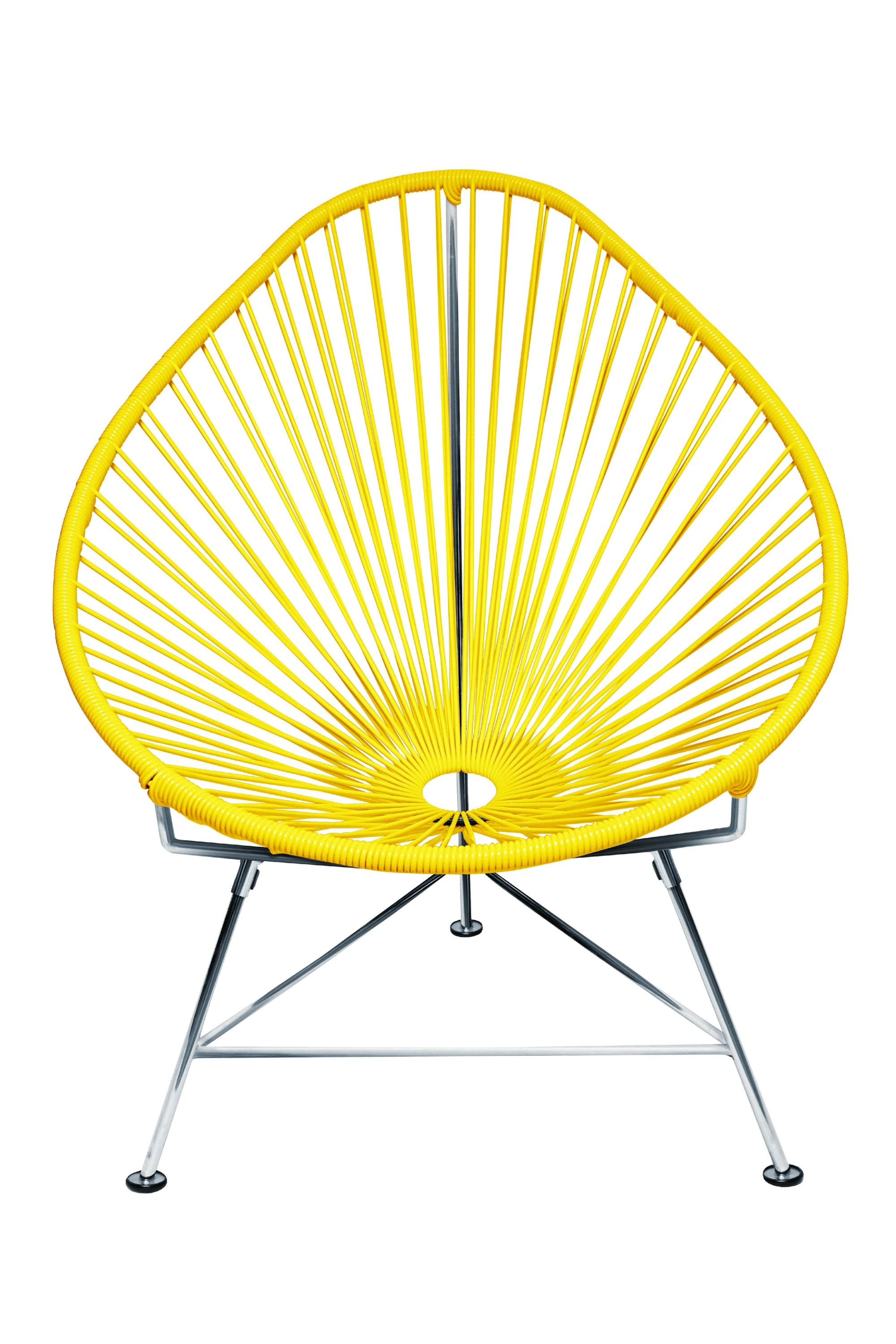 The Acapulco Chair featuring a pear-shaped design with a durable steel frame and colorful woven vinyl cord, perfect for stylish seating.