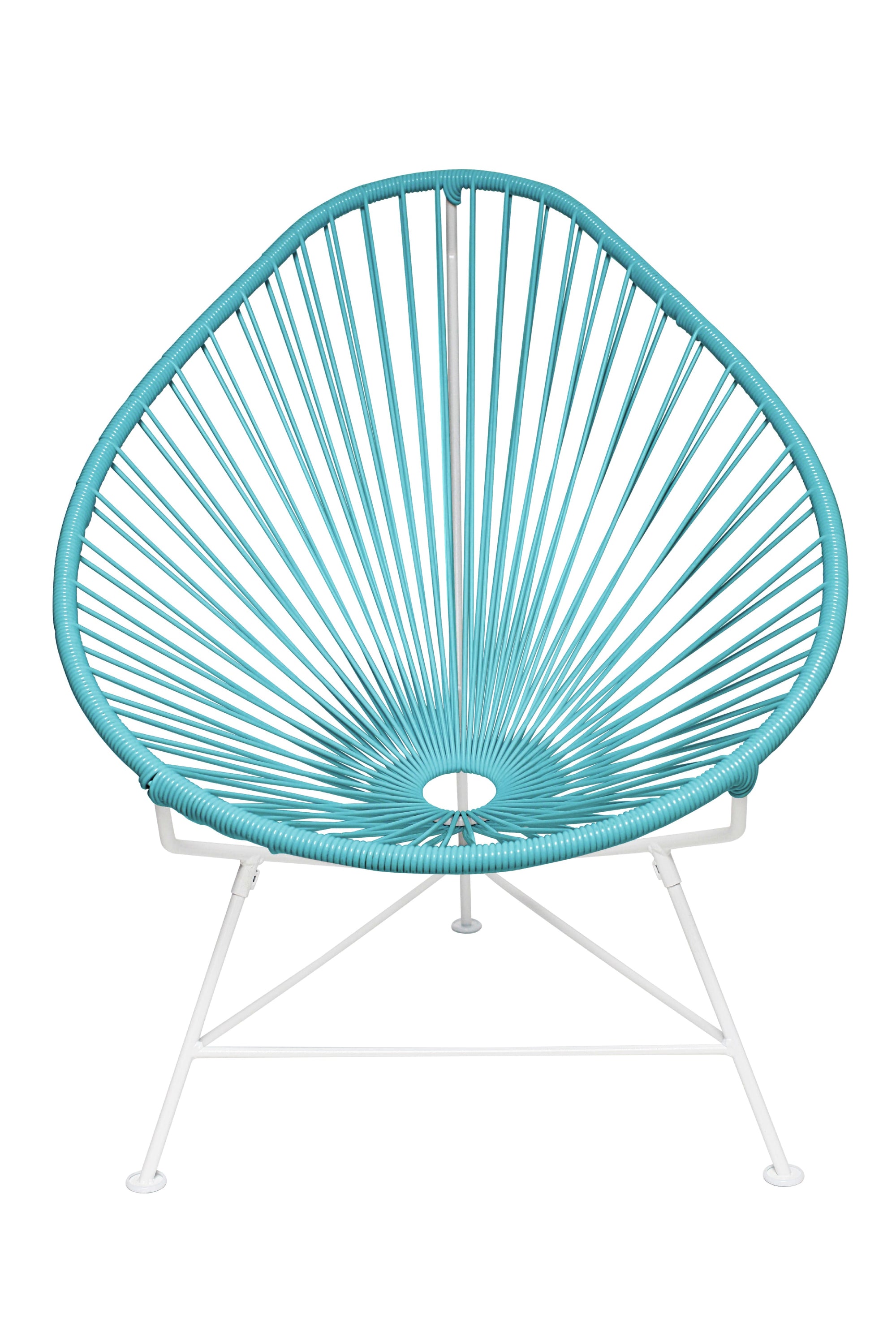 The Acapulco Chair featuring a pear-shaped design with a durable steel frame and colorful woven vinyl cord, perfect for stylish seating.