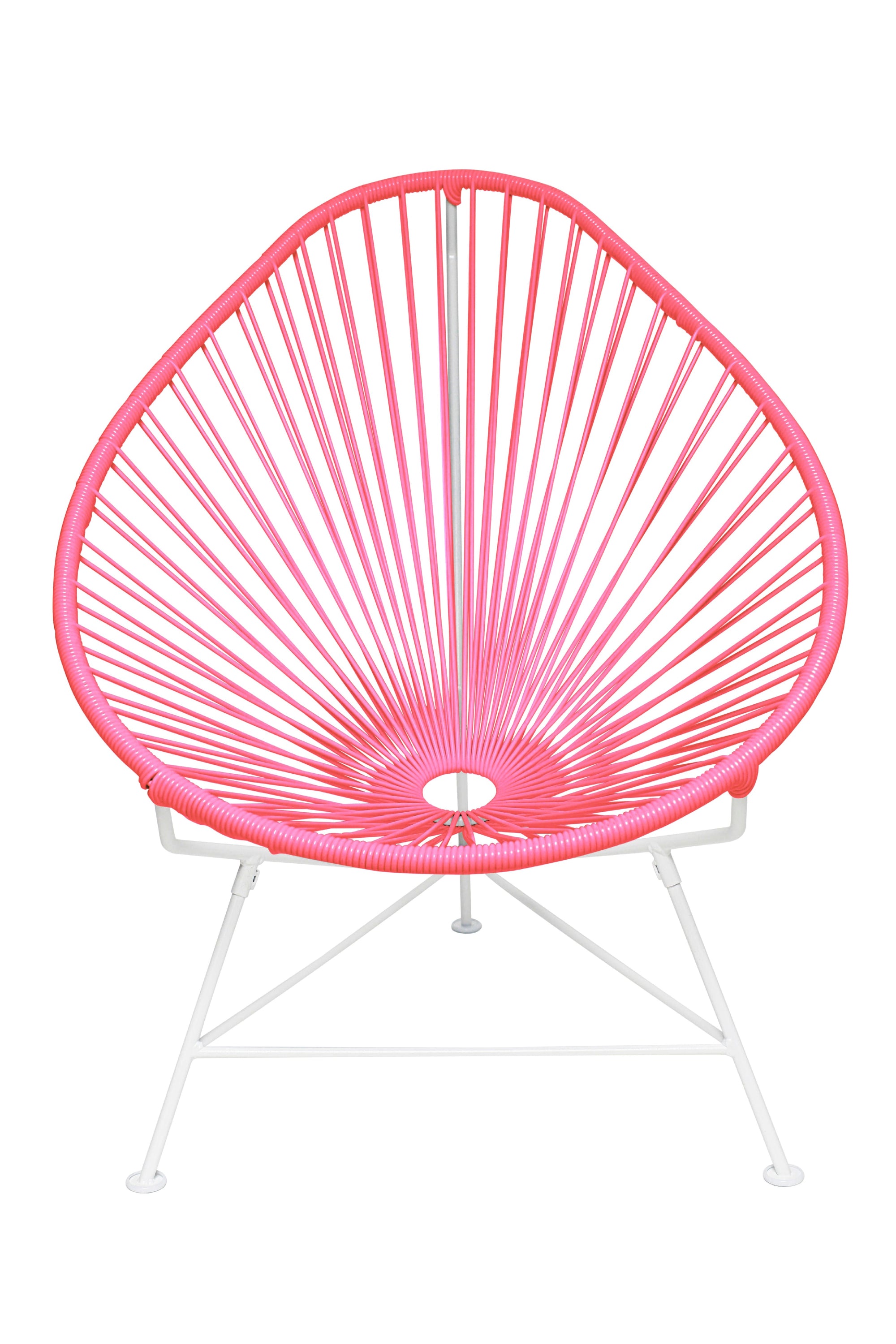 The Acapulco Chair featuring a pear-shaped design with a durable steel frame and colorful woven vinyl cord, perfect for stylish seating.