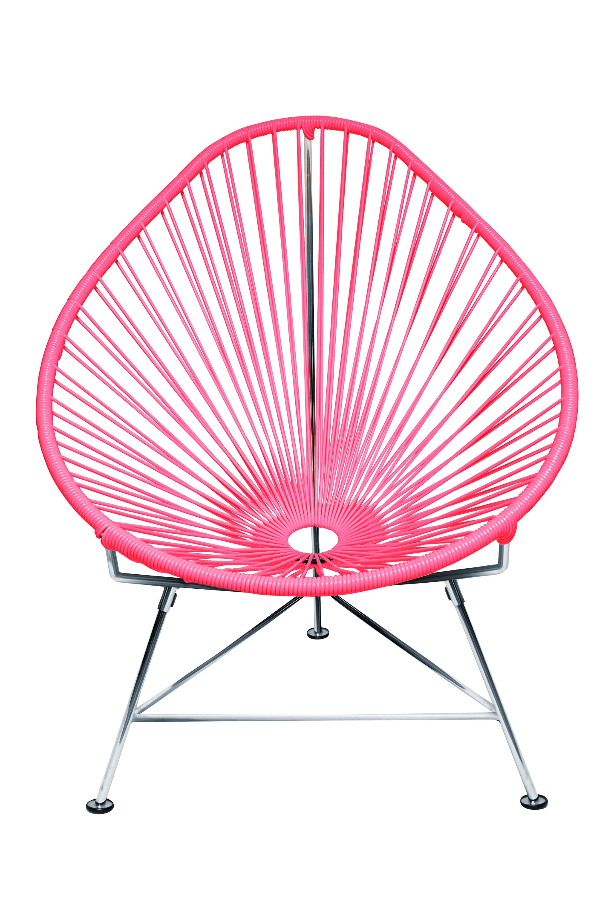 The Acapulco Chair featuring a pear-shaped design with a durable steel frame and colorful woven vinyl cord, perfect for stylish seating.