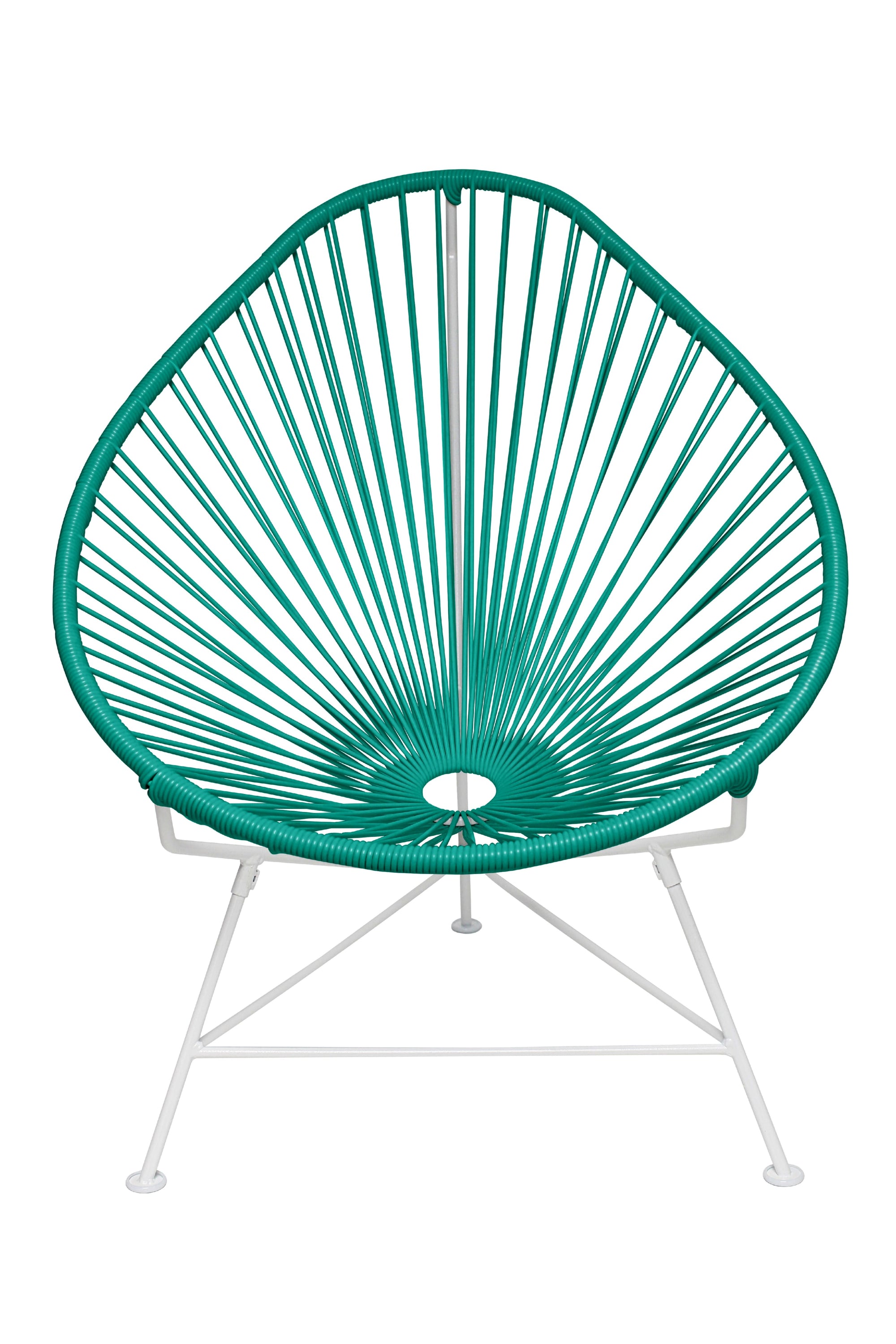 The Acapulco Chair featuring a pear-shaped design with a durable steel frame and colorful woven vinyl cord, perfect for stylish seating.