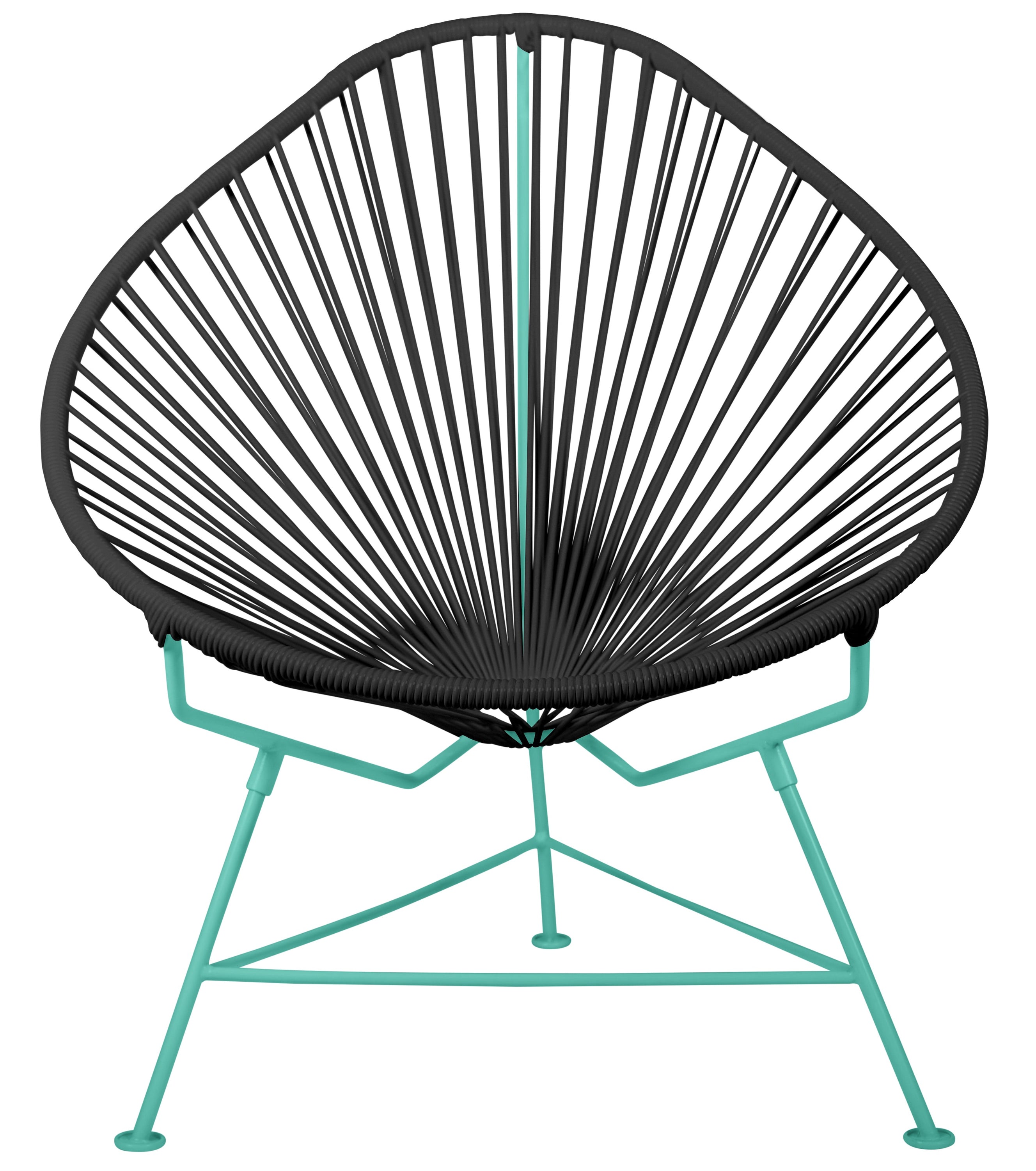 Acapulco Chair with colorful frames, showcasing its unique pear-shaped design and vibrant woven vinyl cord.