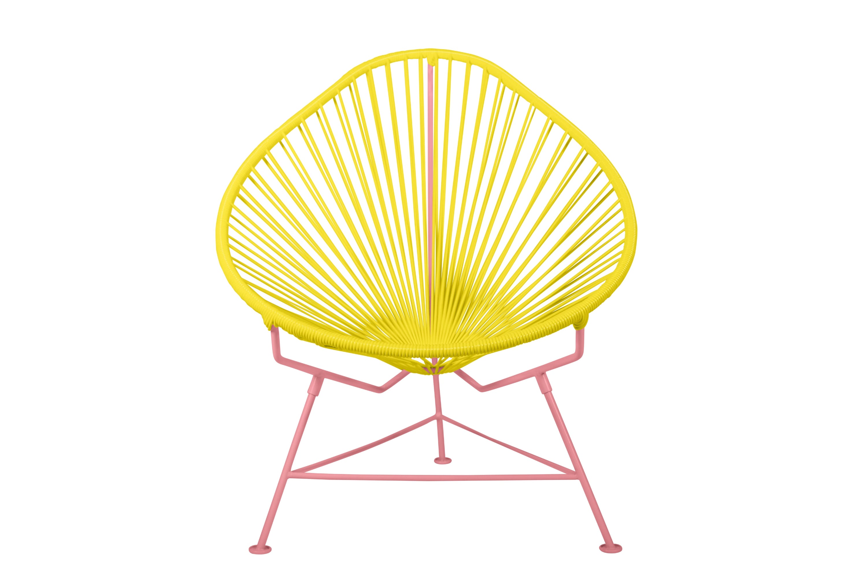 Acapulco Chair with colorful frames, showcasing its unique pear-shaped design and vibrant woven vinyl cord.