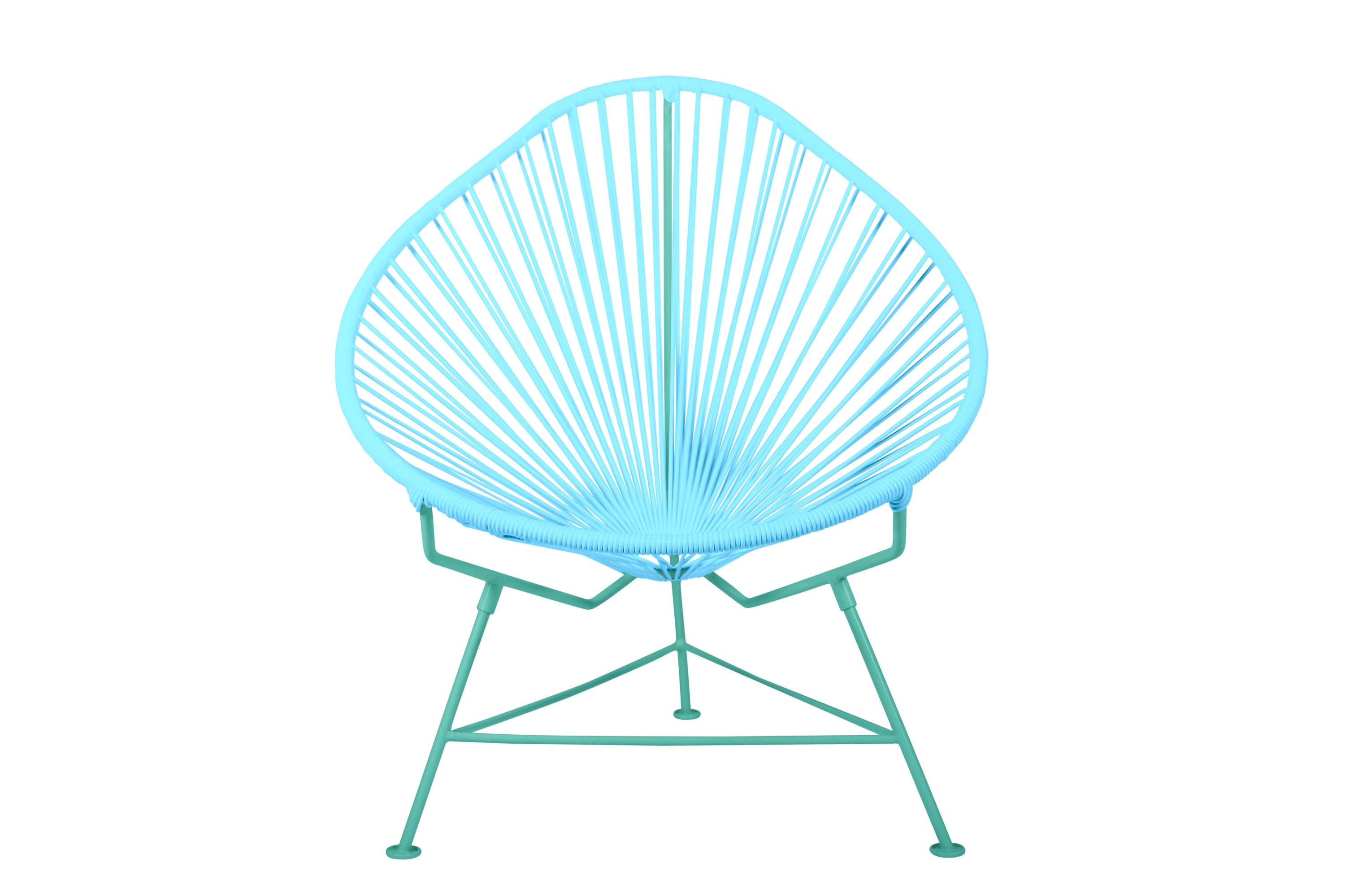 Acapulco Chair with colorful frames, showcasing its unique pear-shaped design and vibrant woven vinyl cord.