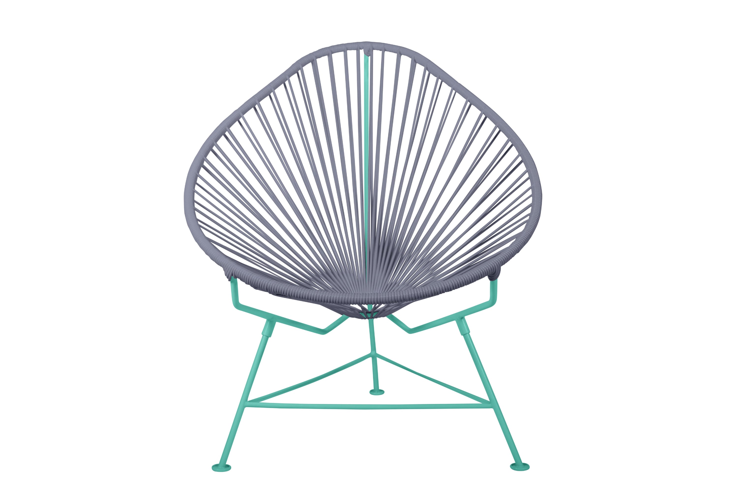 Acapulco Chair with colorful frames, showcasing its unique pear-shaped design and vibrant woven vinyl cord.