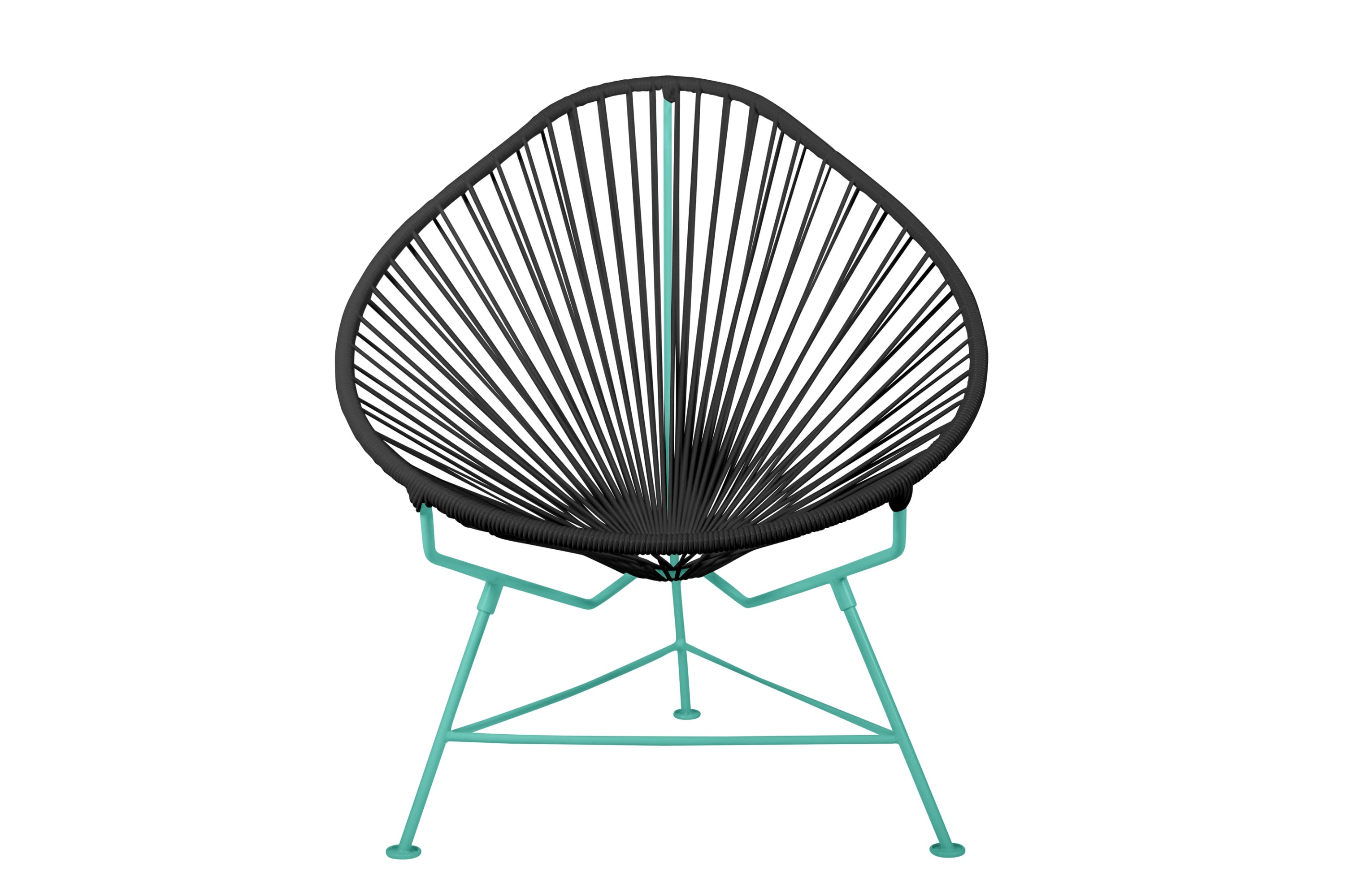 Acapulco Chair with colorful frames, showcasing its unique pear-shaped design and vibrant woven vinyl cord.