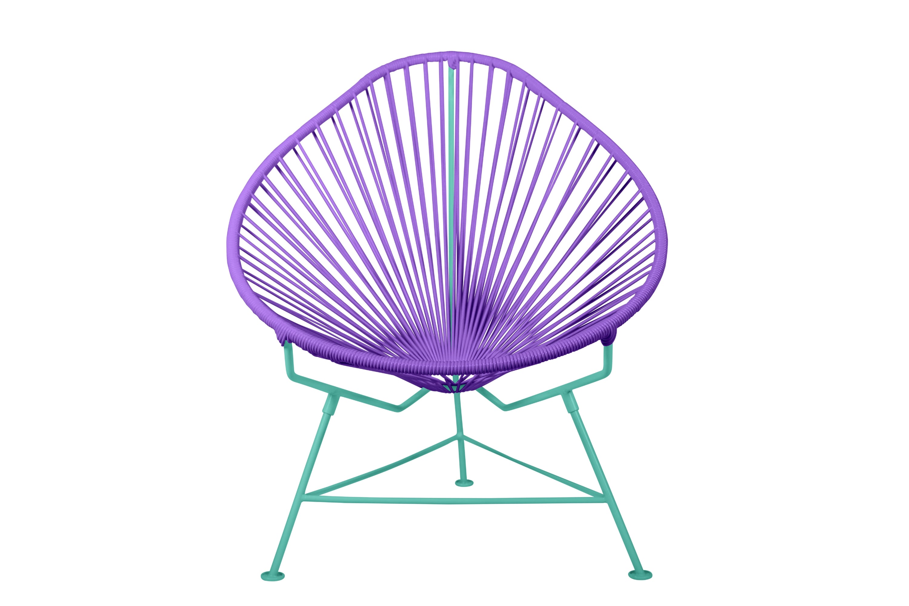 Acapulco Chair with colorful frames, showcasing its unique pear-shaped design and vibrant woven vinyl cord.