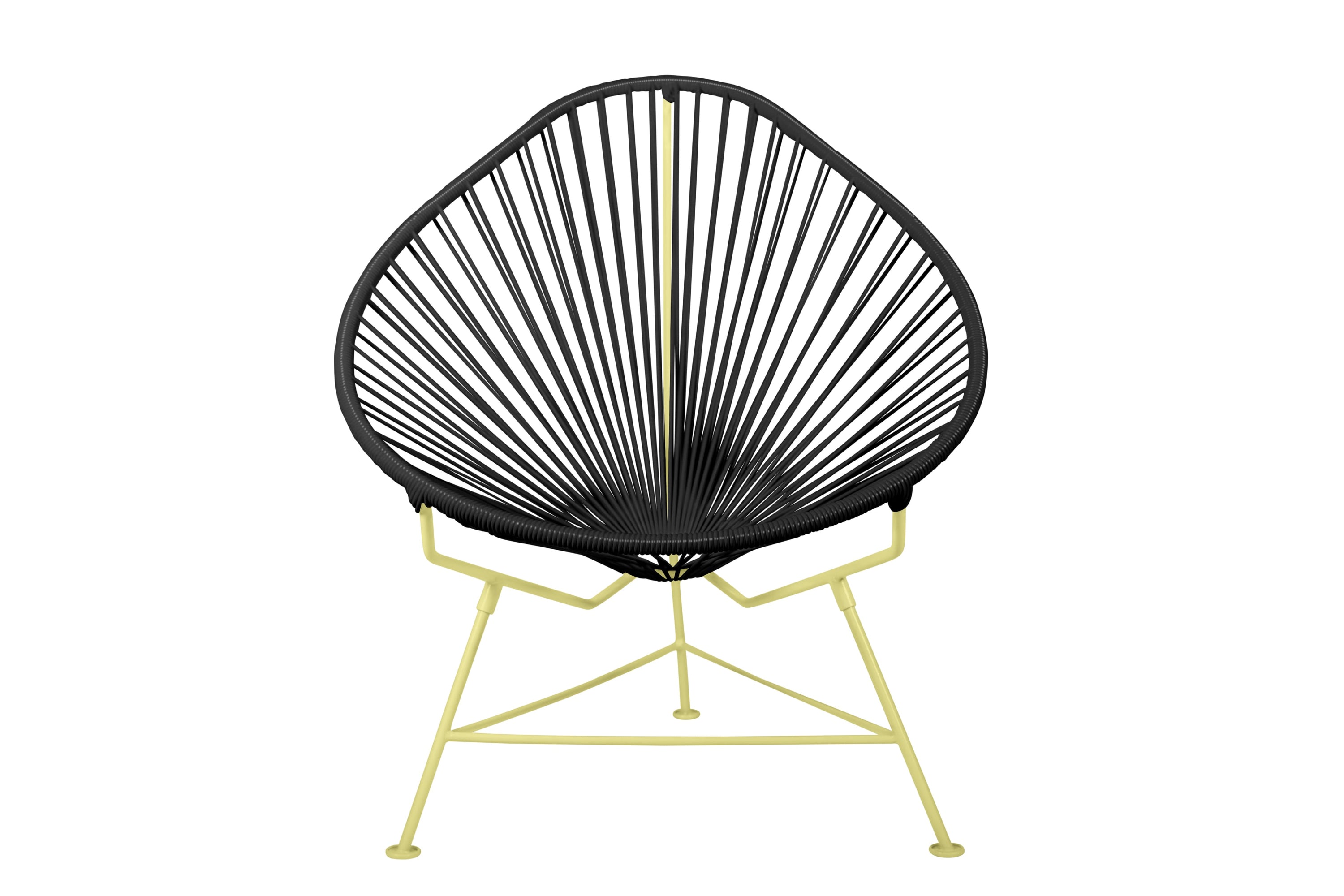 Acapulco Chair with colorful frames, showcasing its unique pear-shaped design and vibrant woven vinyl cord.