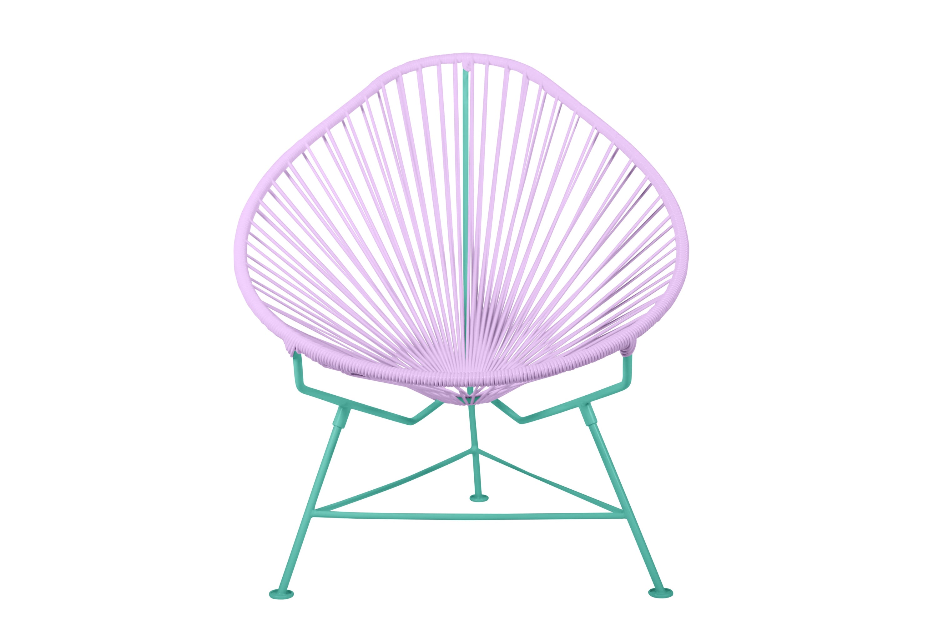 Acapulco Chair with colorful frames, showcasing its unique pear-shaped design and vibrant woven vinyl cord.