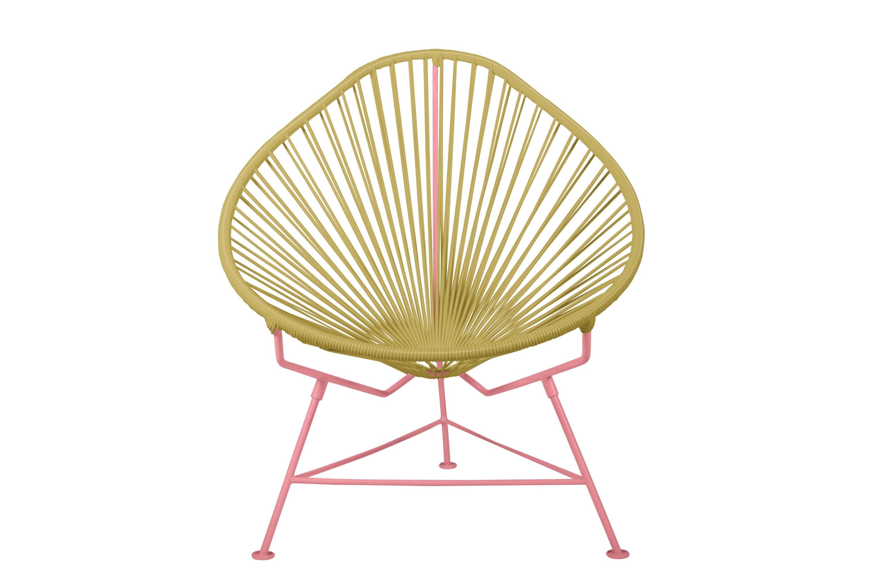 Acapulco Chair with colorful frames, showcasing its unique pear-shaped design and vibrant woven vinyl cord.