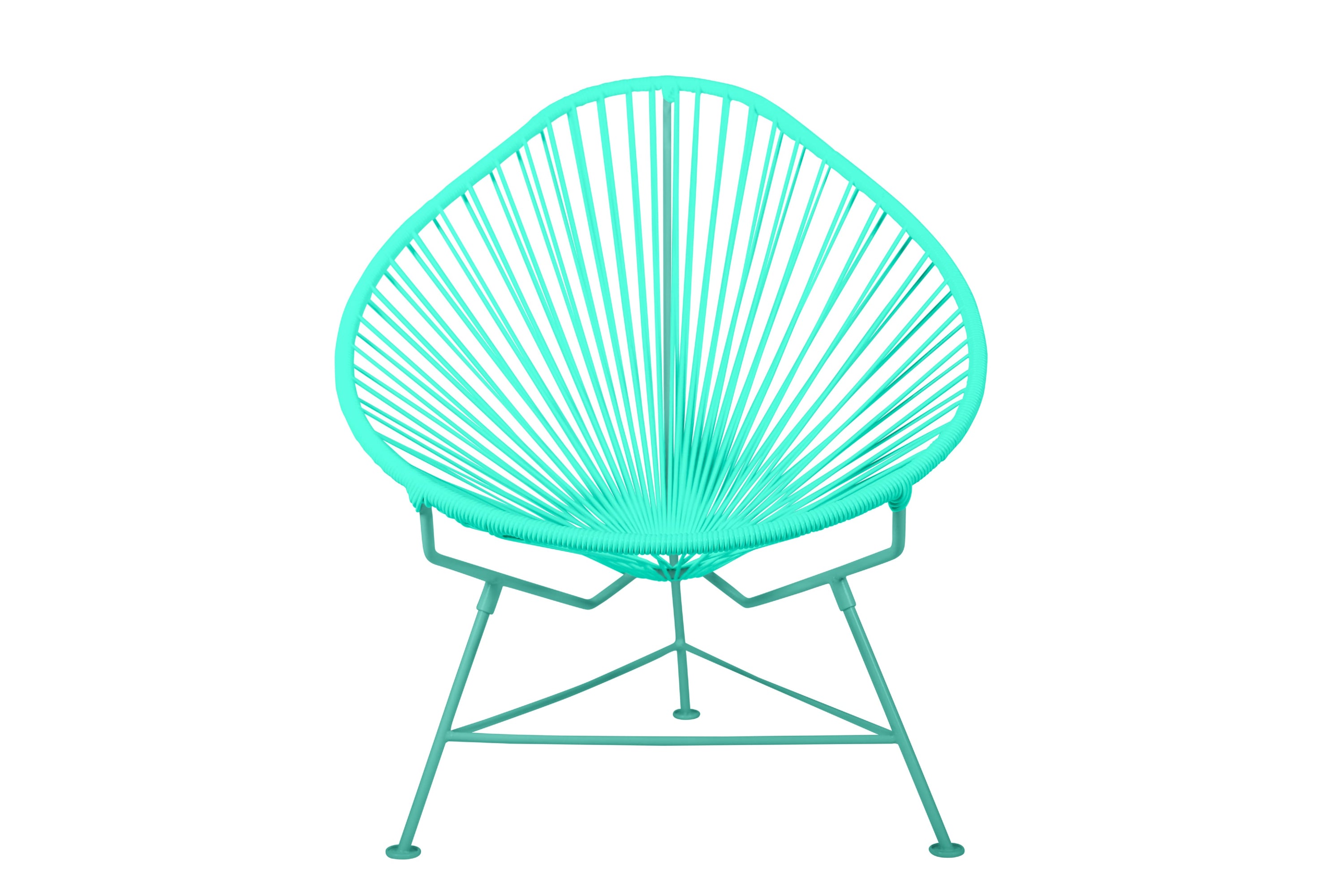 Acapulco Chair with colorful frames, showcasing its unique pear-shaped design and vibrant woven vinyl cord.