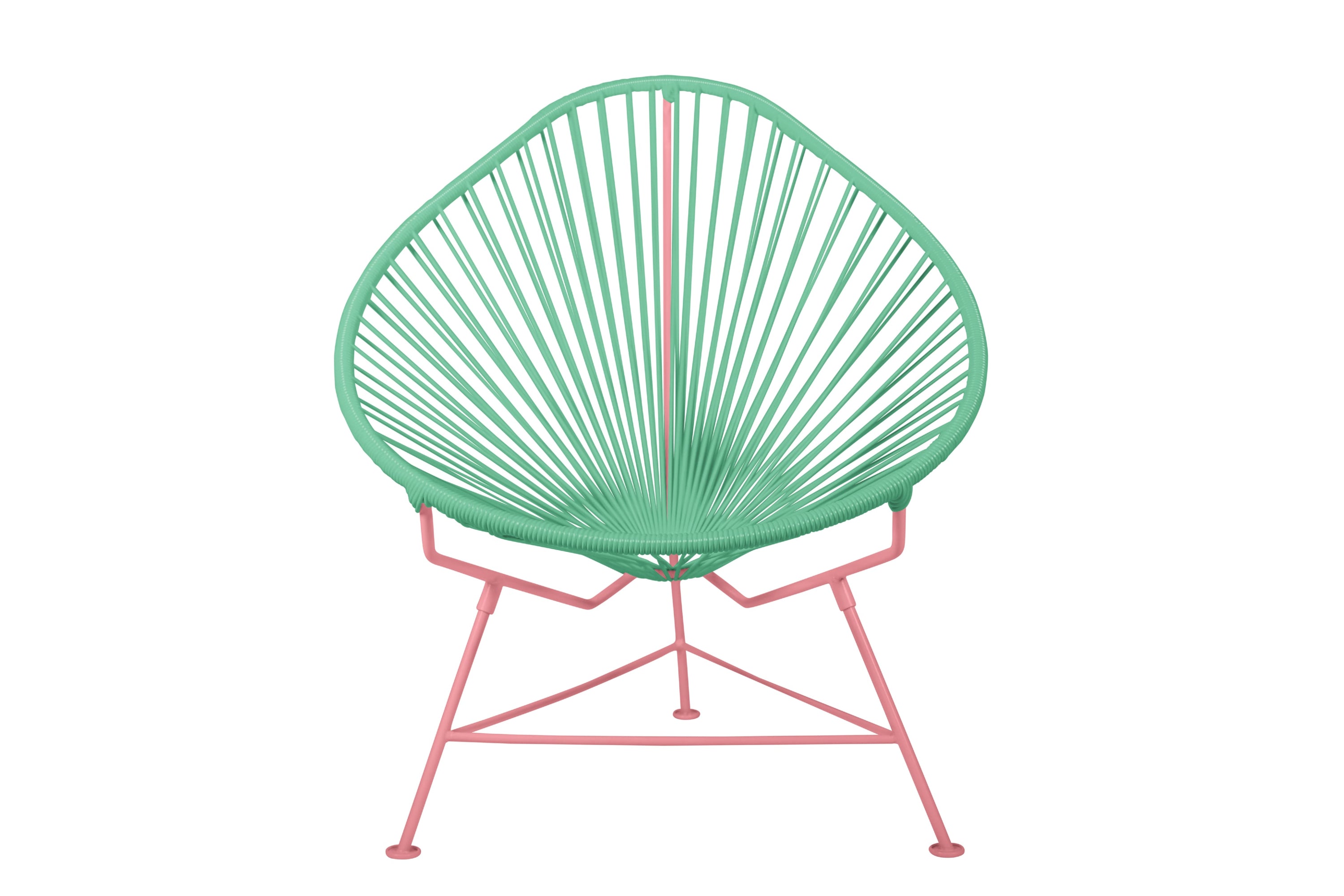 Acapulco Chair with colorful frames, showcasing its unique pear-shaped design and vibrant woven vinyl cord.