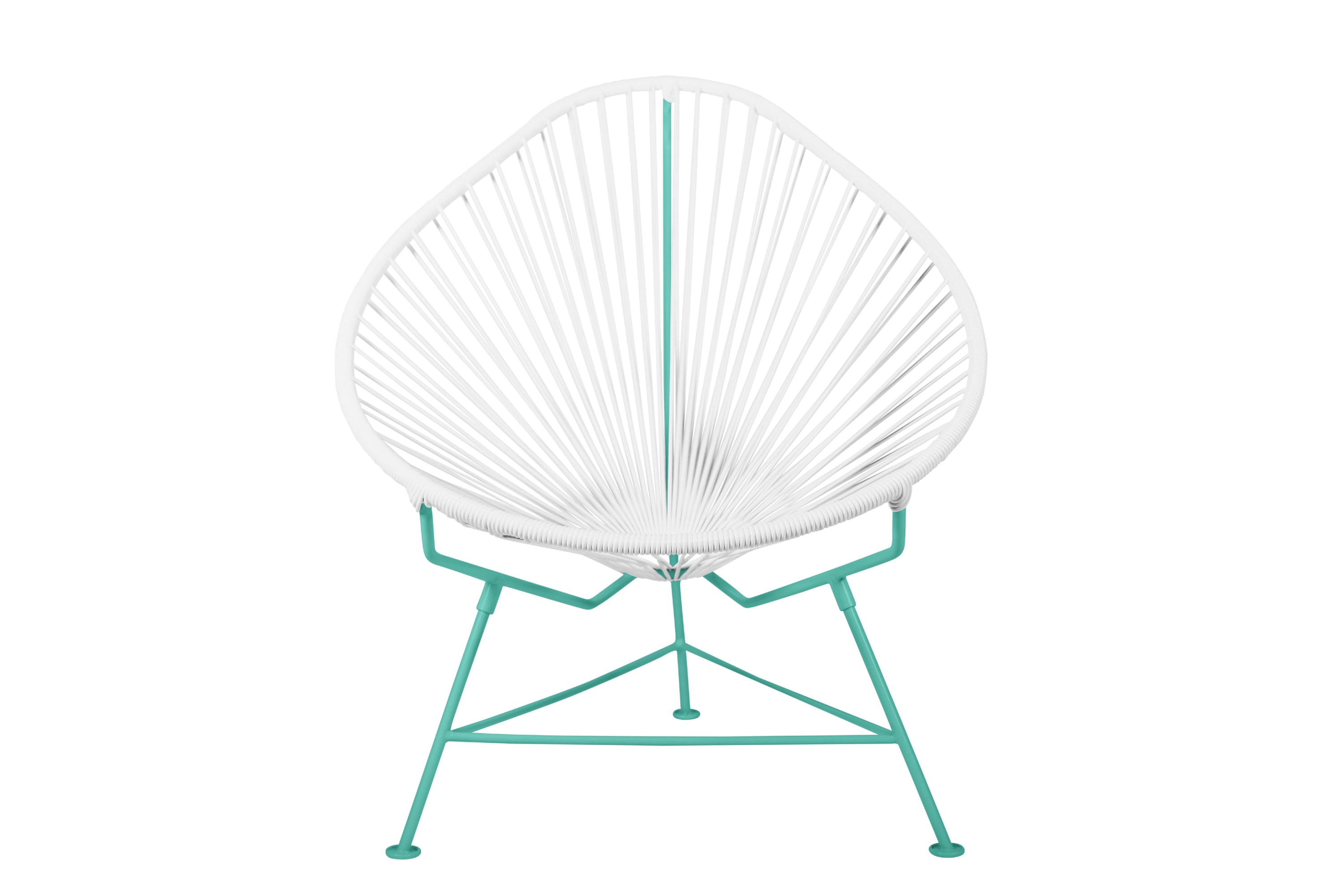 Acapulco Chair with colorful frames, showcasing its unique pear-shaped design and vibrant woven vinyl cord.