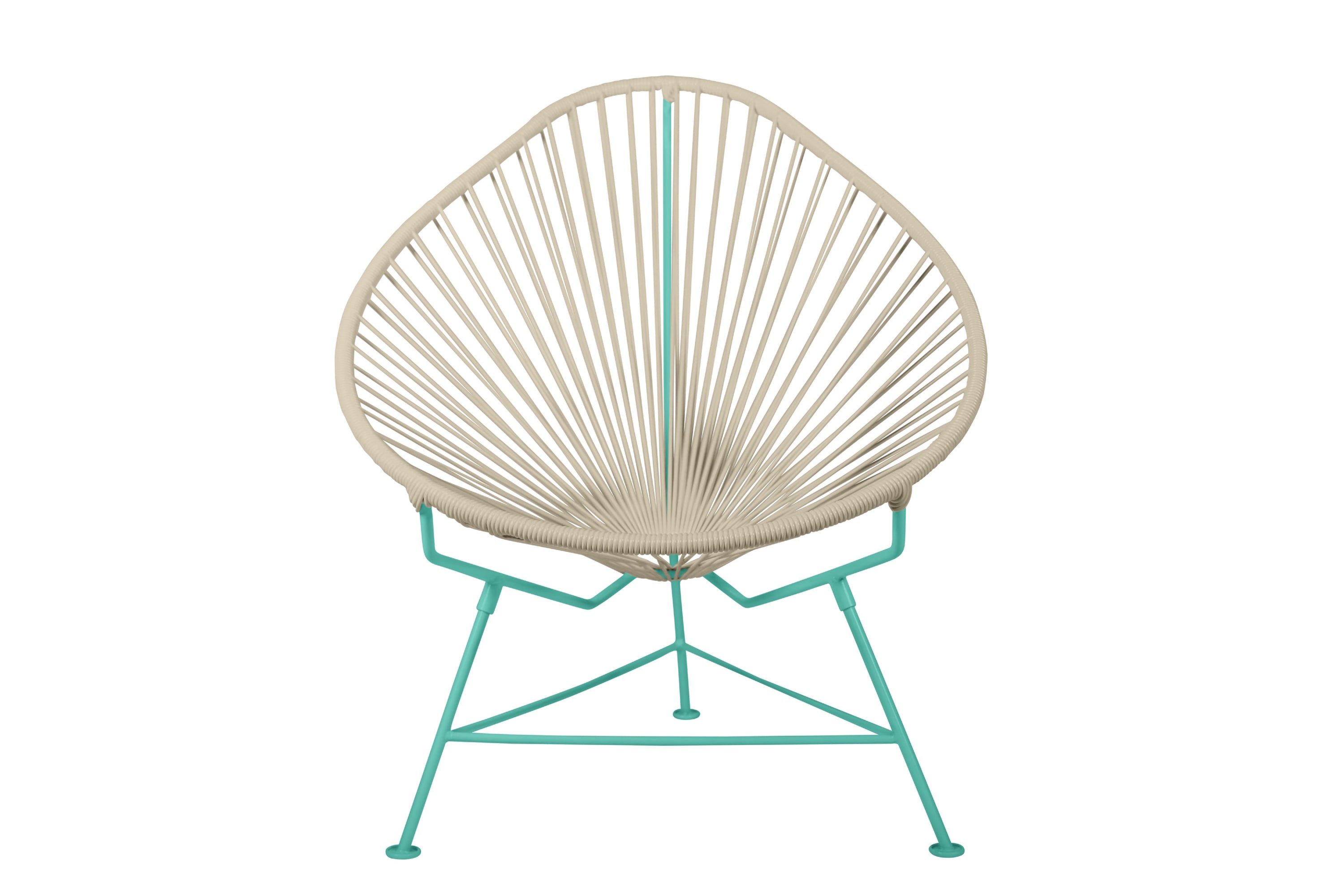 Acapulco Chair with colorful frames, showcasing its unique pear-shaped design and vibrant woven vinyl cord.