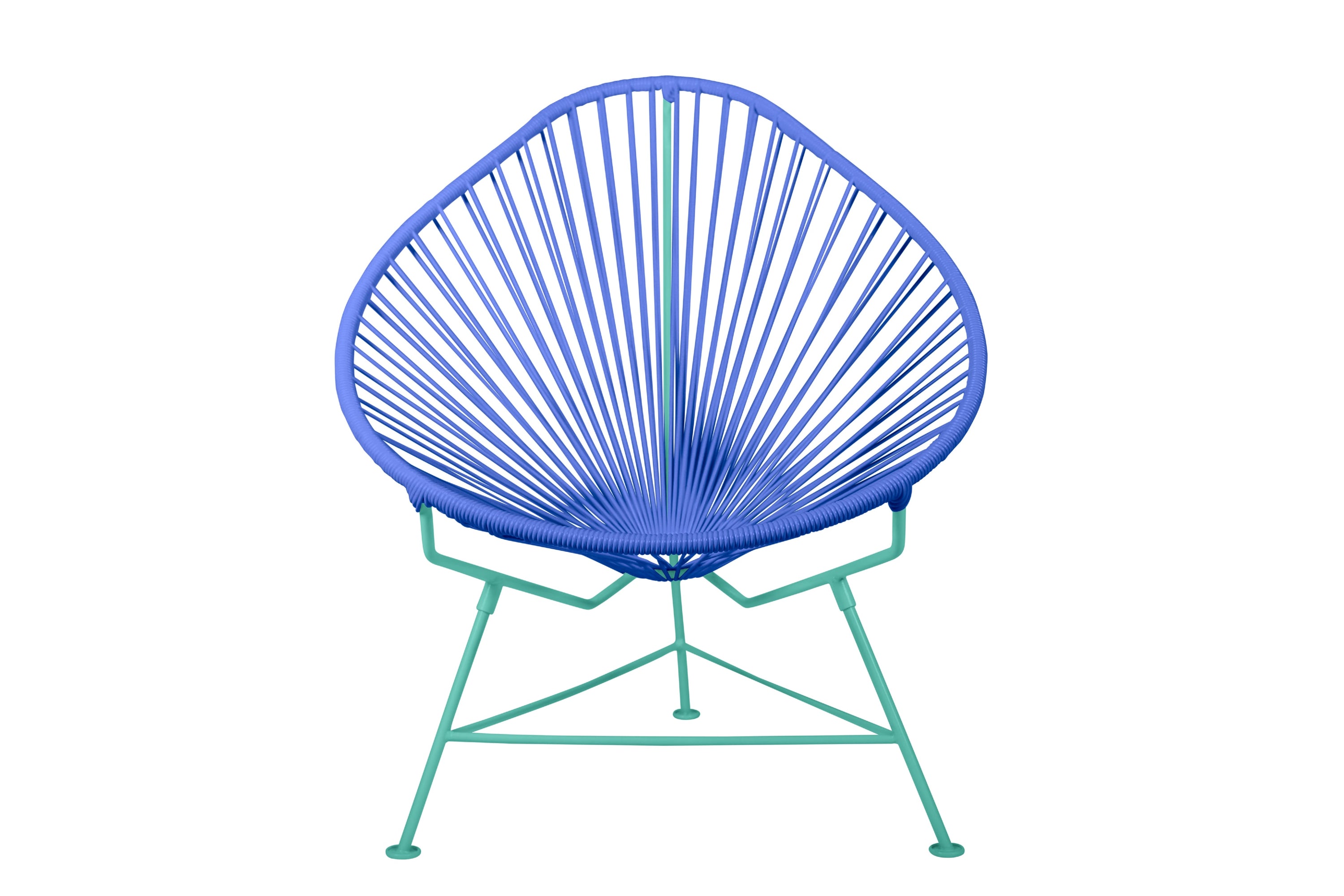 Acapulco Chair with colorful frames, showcasing its unique pear-shaped design and vibrant woven vinyl cord.