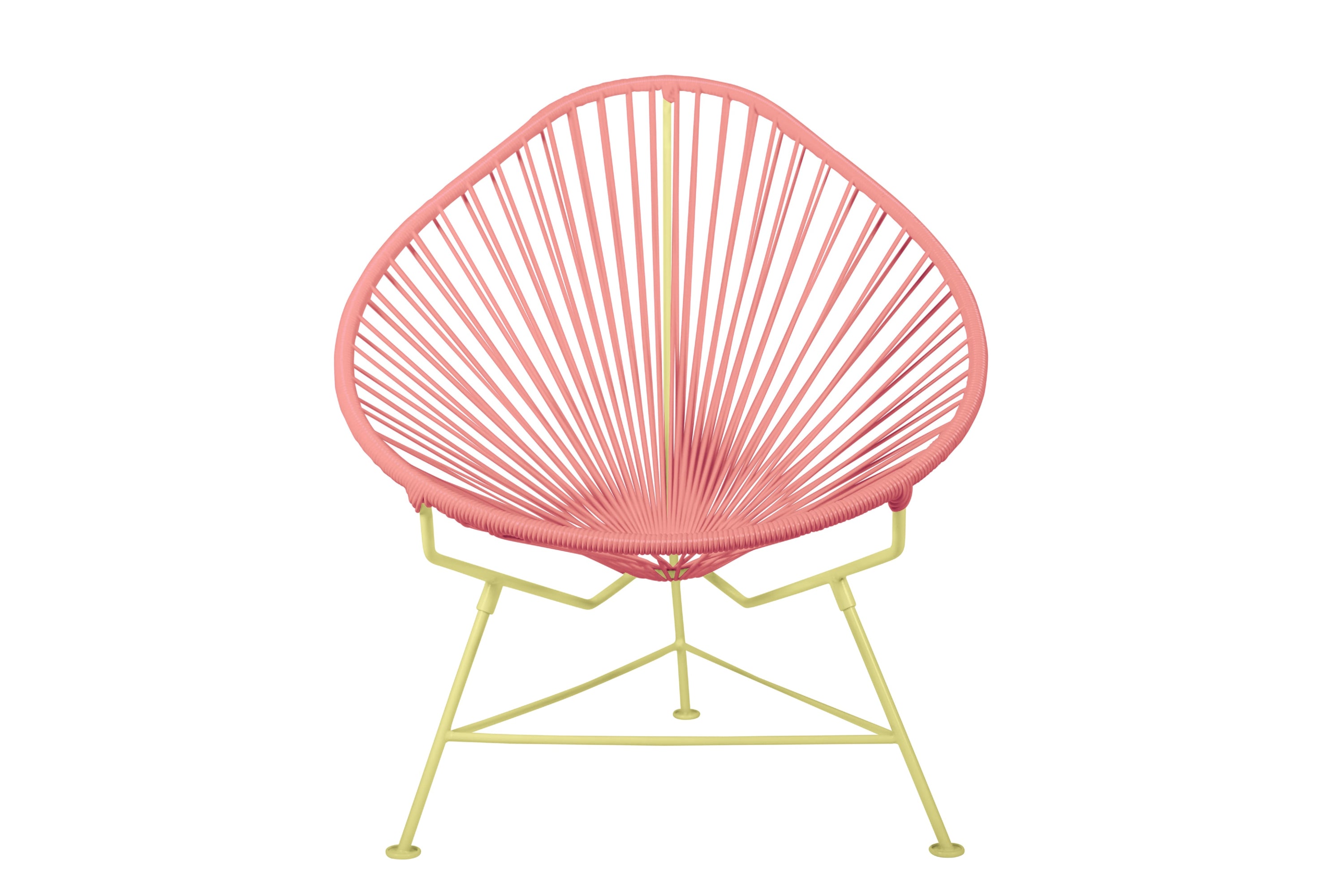 Acapulco Chair with colorful frames, showcasing its unique pear-shaped design and vibrant woven vinyl cord.