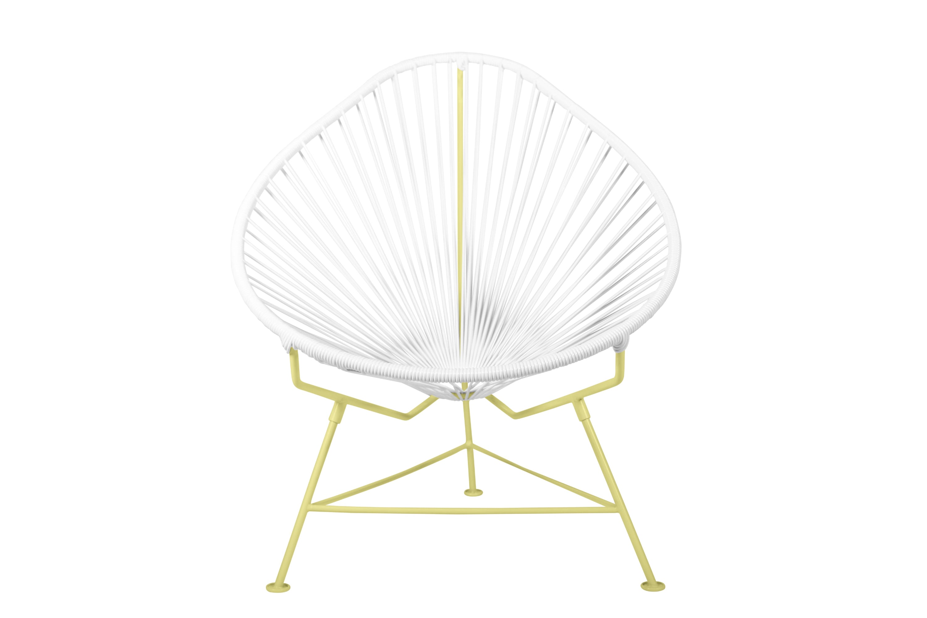 Acapulco Chair with colorful frames, showcasing its unique pear-shaped design and vibrant woven vinyl cord.