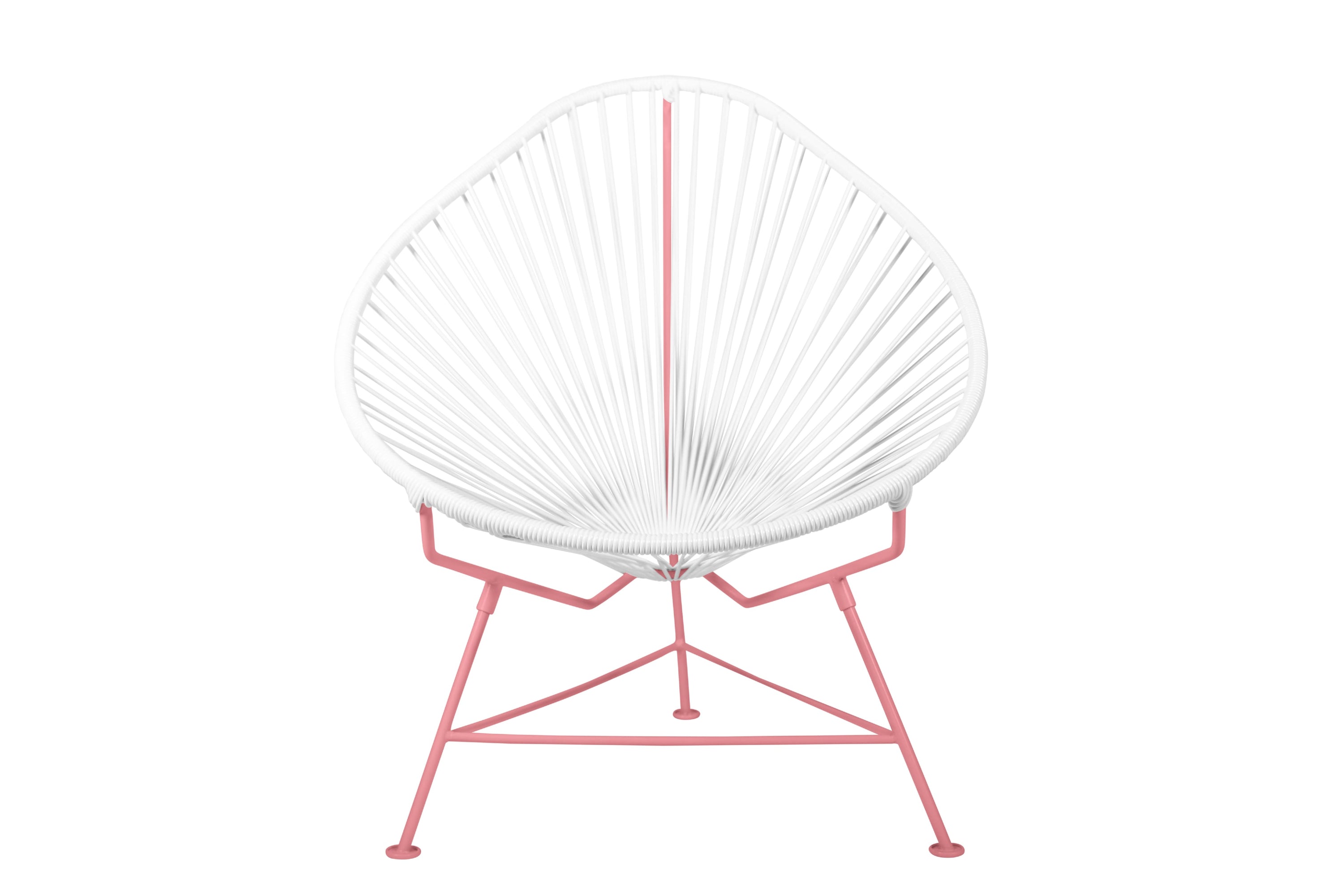 Acapulco Chair with colorful frames, showcasing its unique pear-shaped design and vibrant woven vinyl cord.