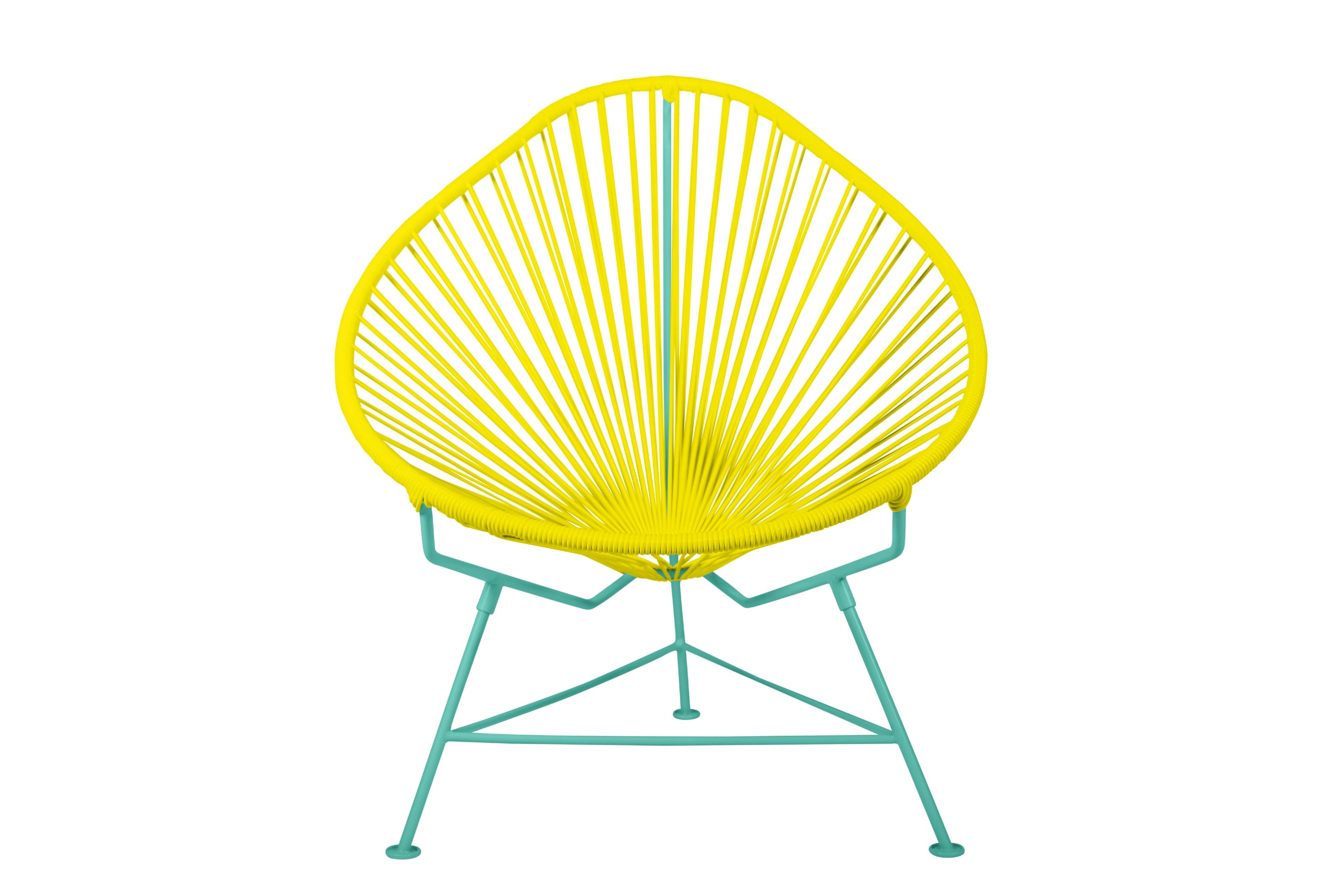 Acapulco Chair with colorful frames, showcasing its unique pear-shaped design and vibrant woven vinyl cord.