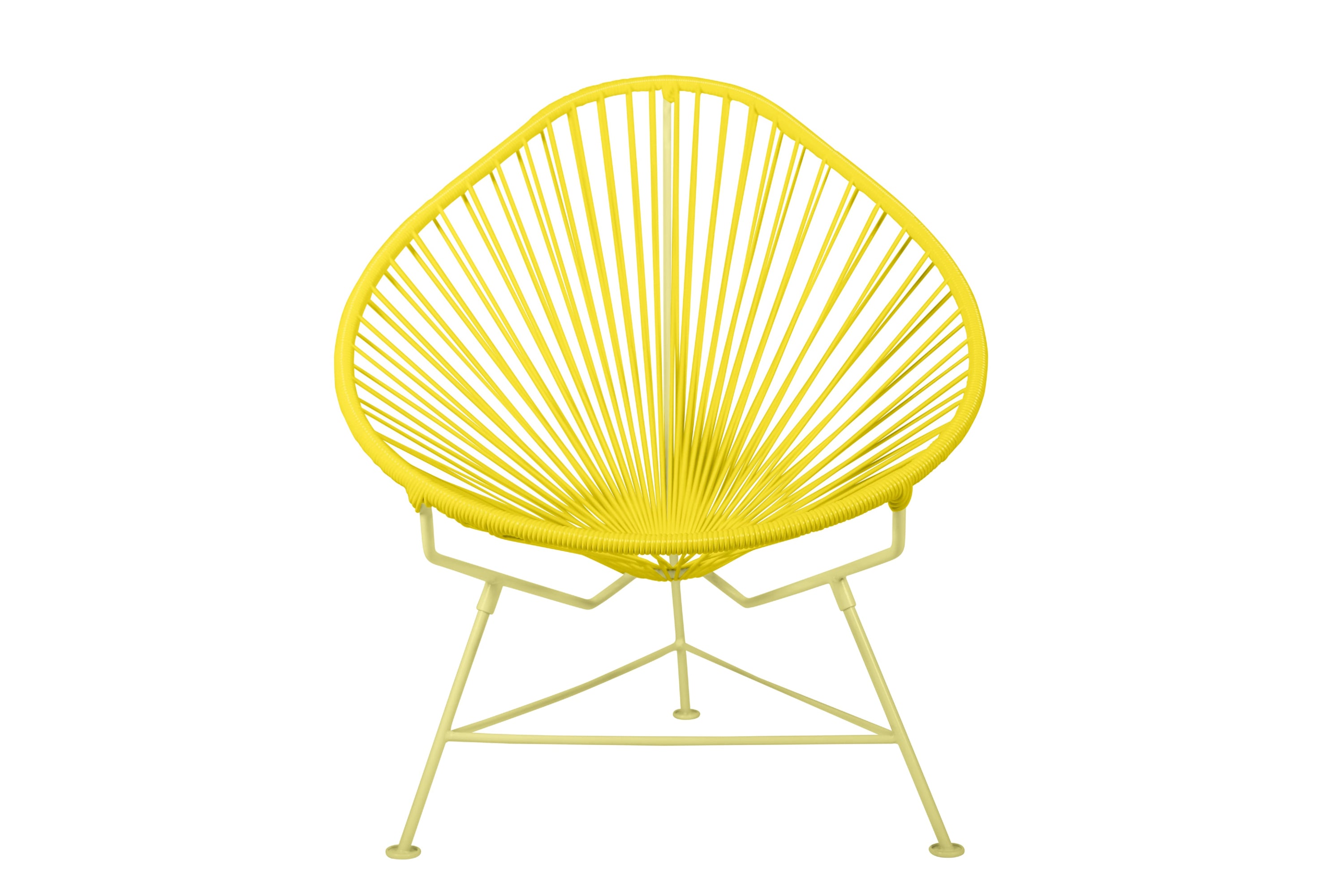 Acapulco Chair with colorful frames, showcasing its unique pear-shaped design and vibrant woven vinyl cord.