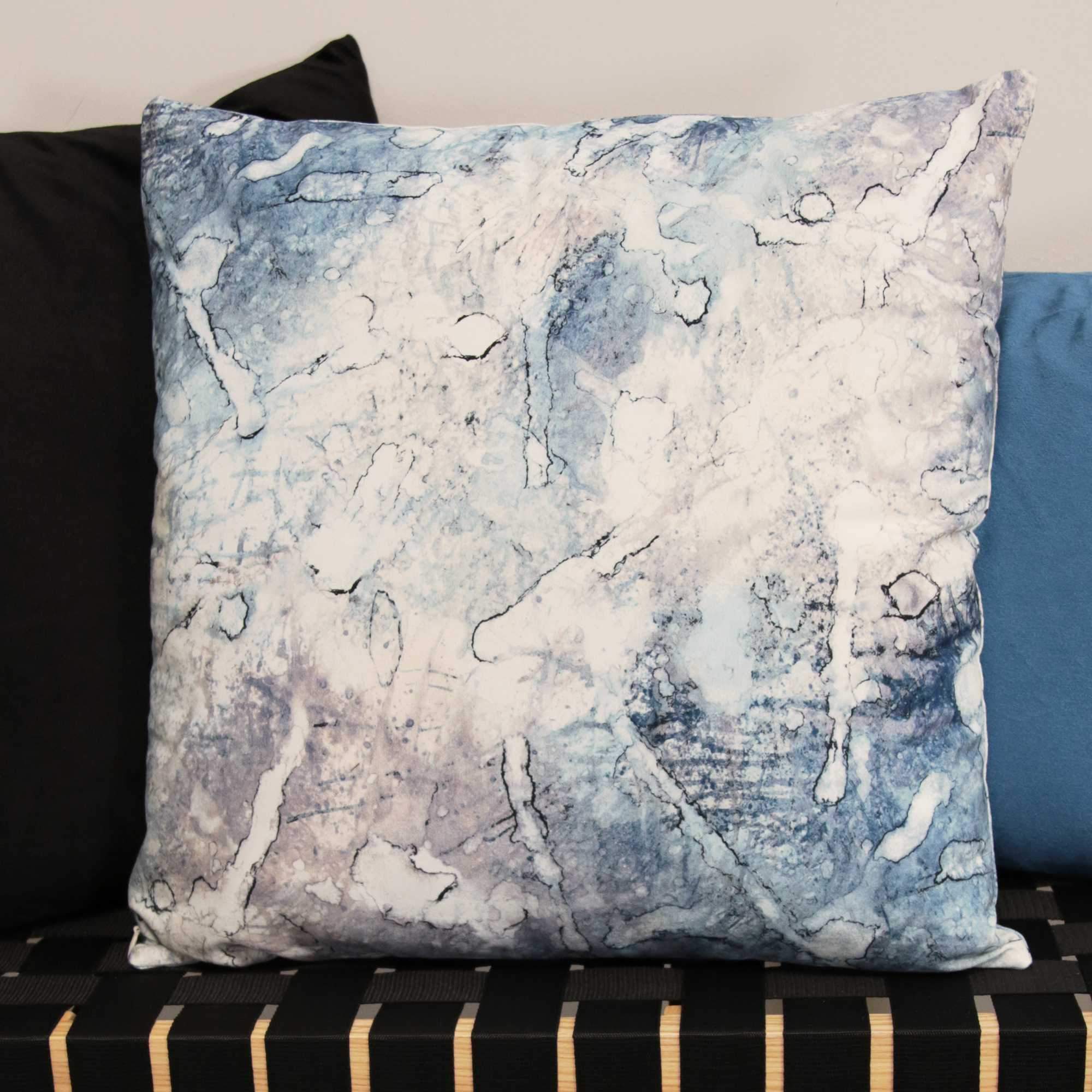 Acid Relief Watercolor Square Throw Pillow featuring abstract watercolor design in blue, gray, and blush colors, perfect for modern decor.