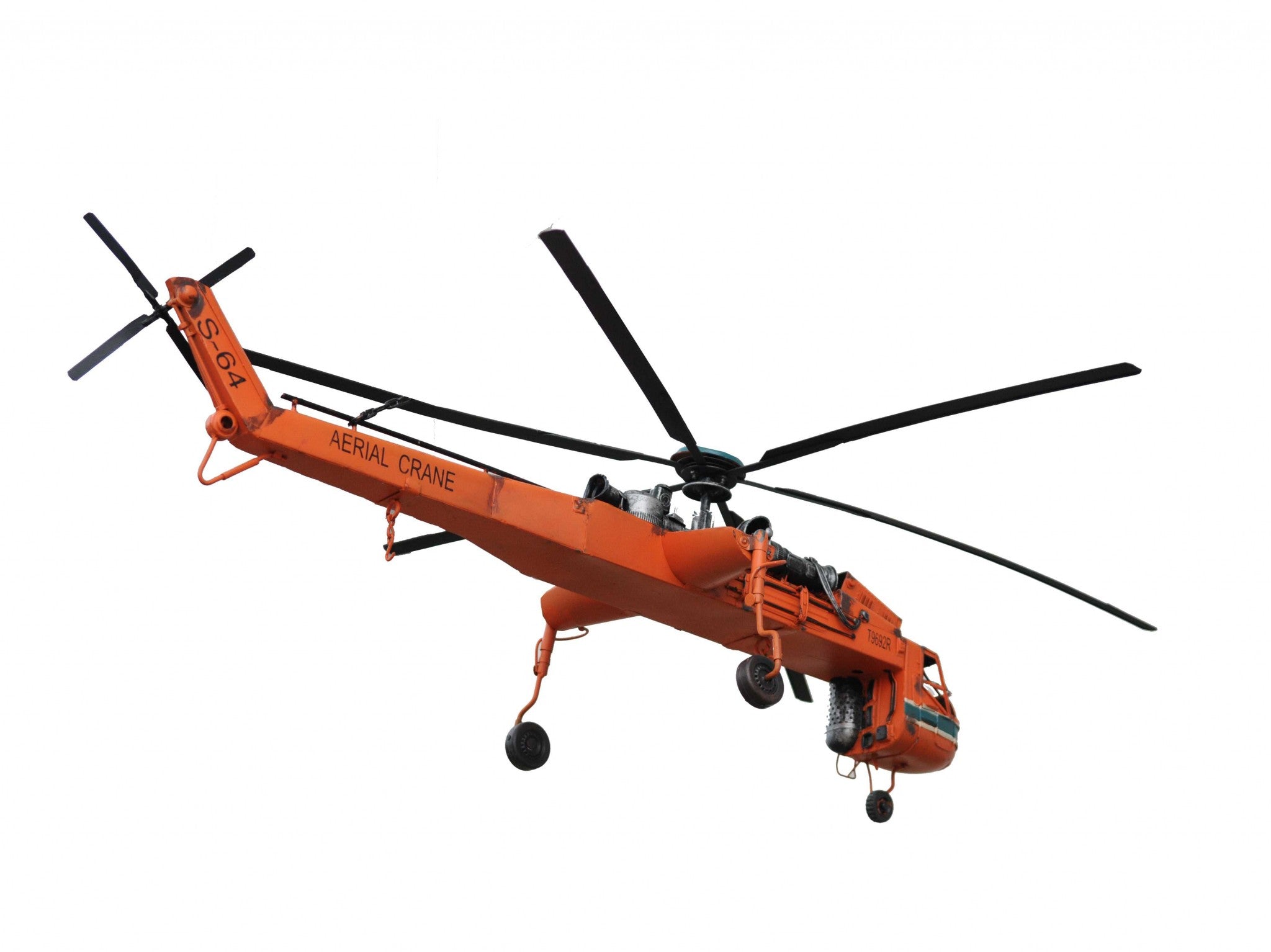 Aerial Crane Lifting Helicopter LED Sculpture showcasing intricate details and vibrant orange color, suspended with cargo and illuminated by LED lights.