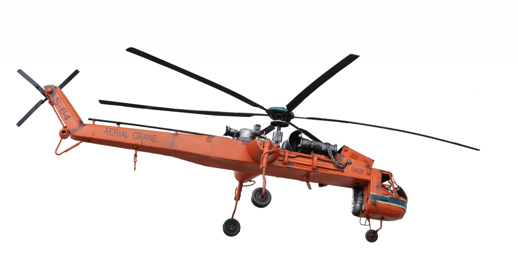 Aerial Crane Lifting Helicopter LED Sculpture showcasing intricate details and vibrant orange color, suspended with cargo and illuminated by LED lights.