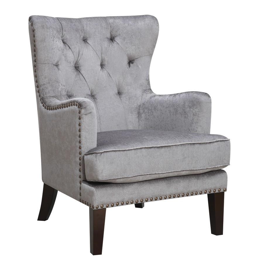 Anthracite Contemporary Tufted Hardwood Wingback Accent Chair with button tufting and nail head trim, showcasing a sleek gray upholstery and sturdy wooden legs.