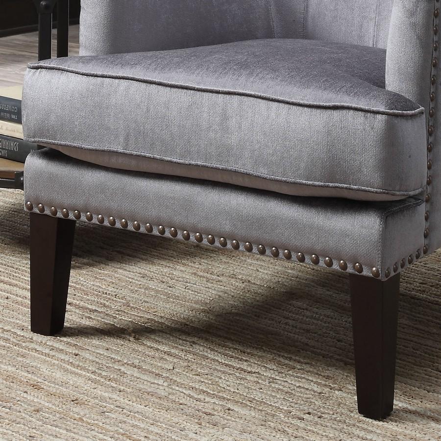 Anthracite Contemporary Tufted Hardwood Wingback Accent Chair with button tufting and nail head trim, showcasing a sleek gray upholstery and sturdy wooden legs.