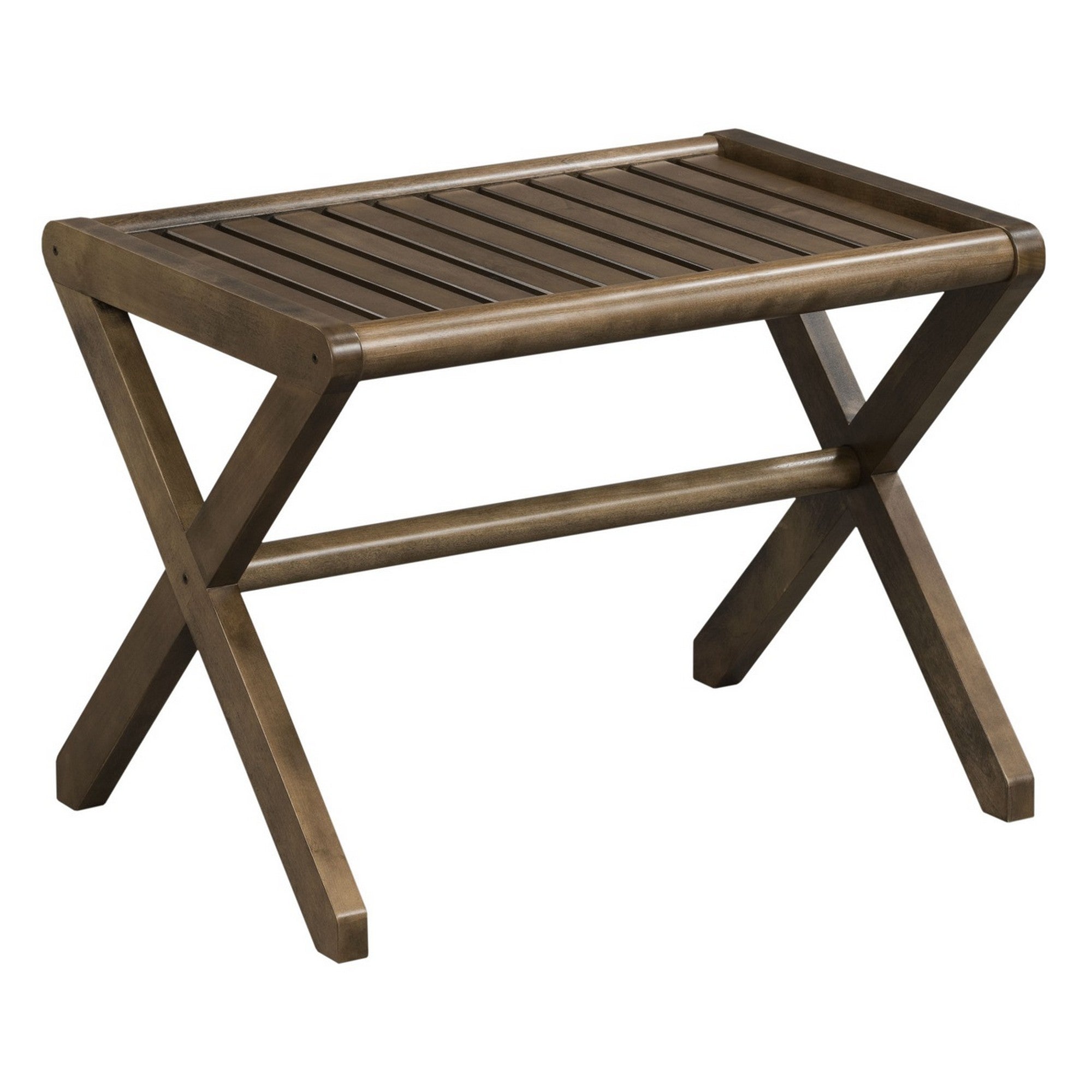 Antique Chestnut Finished Wooden Stool Bench with X-frame design, showcasing its solid birch construction and elegant vertical slatted pattern.