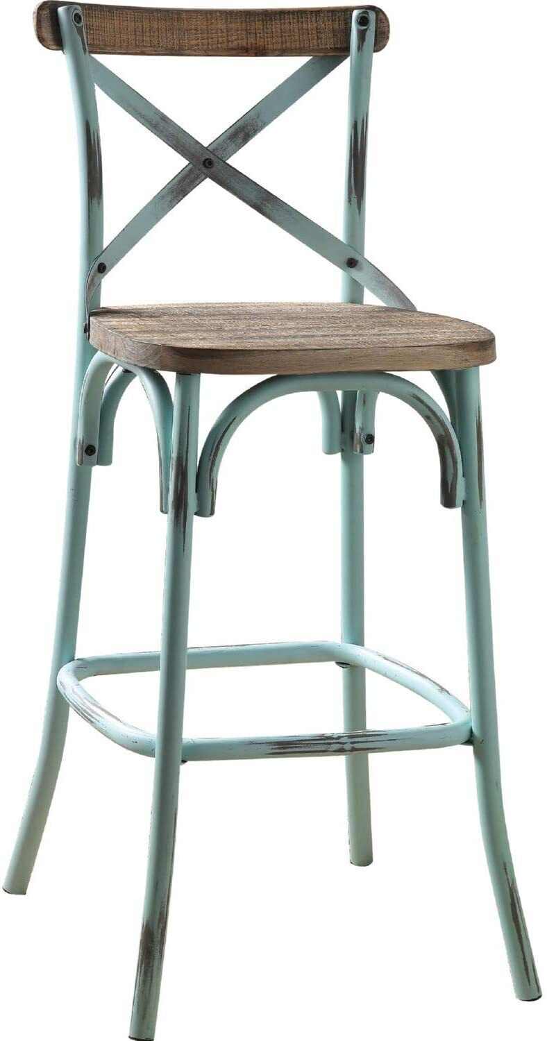 Antique Sky Oak Wooden Bar Chair featuring a vintage design with reclaimed wood, an 'X' style backrest, and a flared four-legged base.