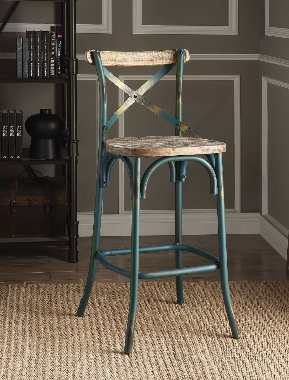 Antique Sky Oak Wooden Bar Chair featuring a vintage design with reclaimed wood, an 'X' style backrest, and a flared four-legged base.