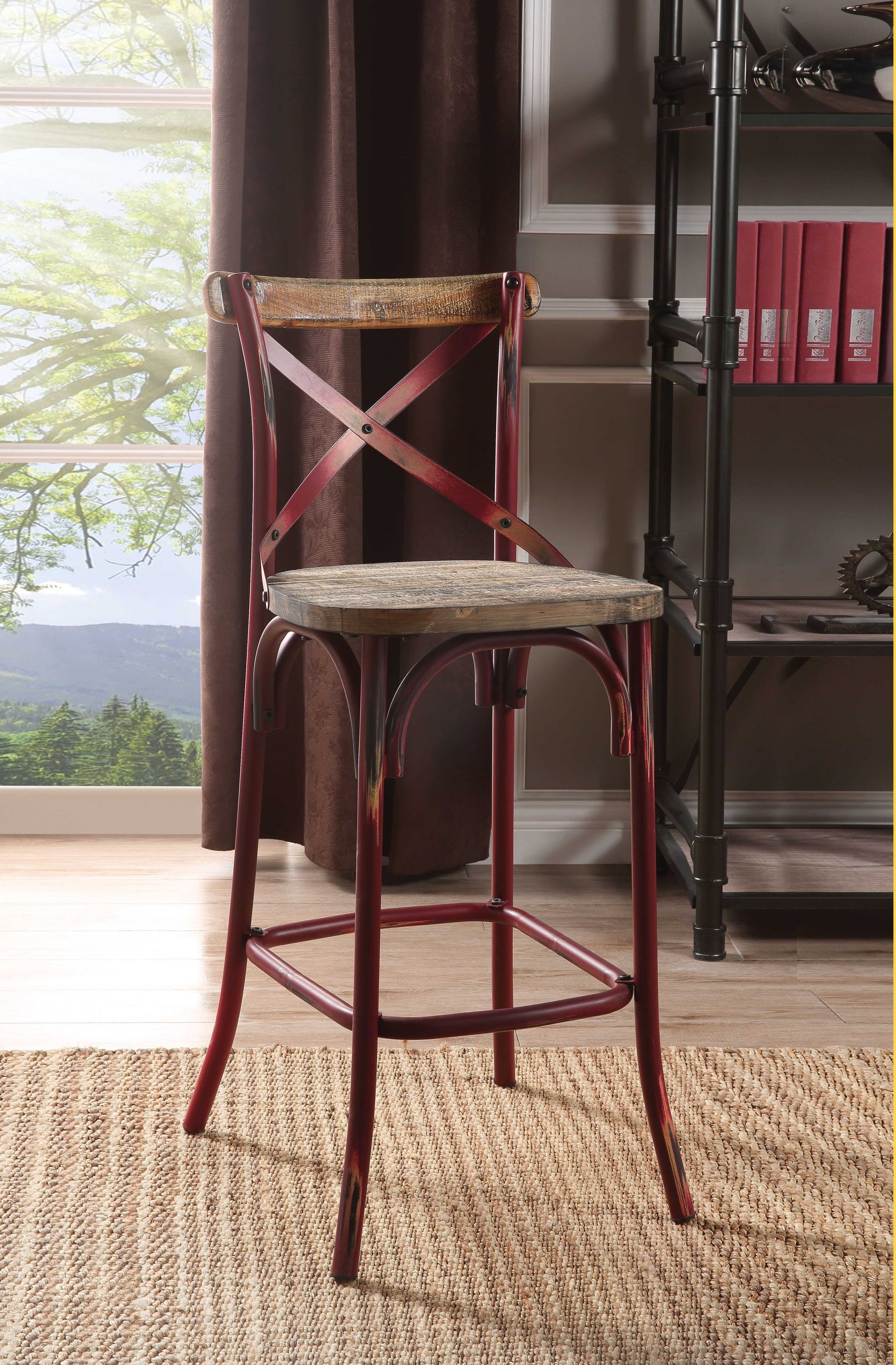 Antique Sky Oak Wooden Bar Chair featuring a vintage design with reclaimed wood, an 'X' style backrest, and a flared four-legged base.