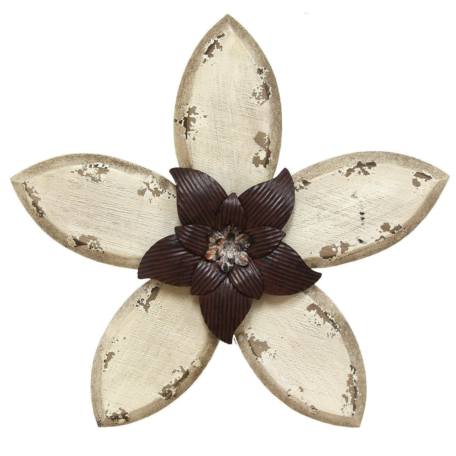 Antiqued Look Ivory and Espresso Metal Flower Wall Decor featuring a vintage flower design with a distressed ivory finish and espresso center.