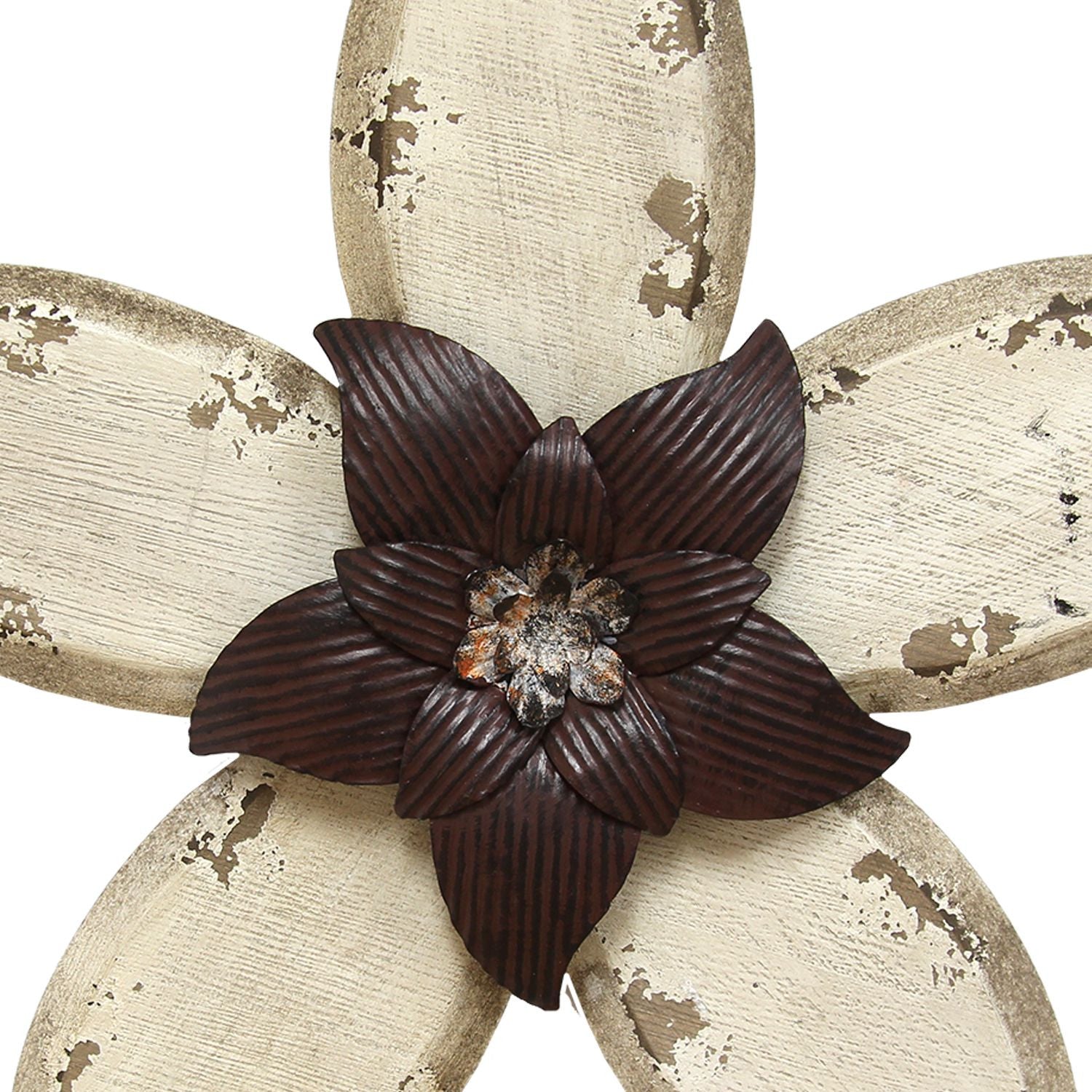 Antiqued Look Ivory and Espresso Metal Flower Wall Decor featuring a vintage flower design with a distressed ivory finish and espresso center.