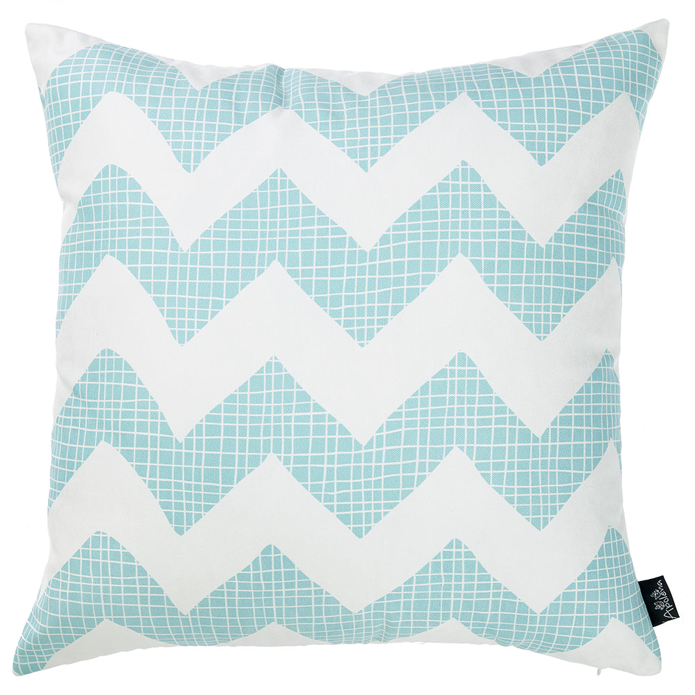 Aqua blue chevron printed decorative throw pillow cover with a hidden zipper, showcasing a vibrant pattern on the front and solid white back.