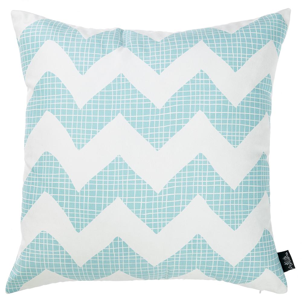 Aqua blue chevron printed decorative throw pillow cover with a hidden zipper, showcasing a vibrant pattern on the front and solid white back.