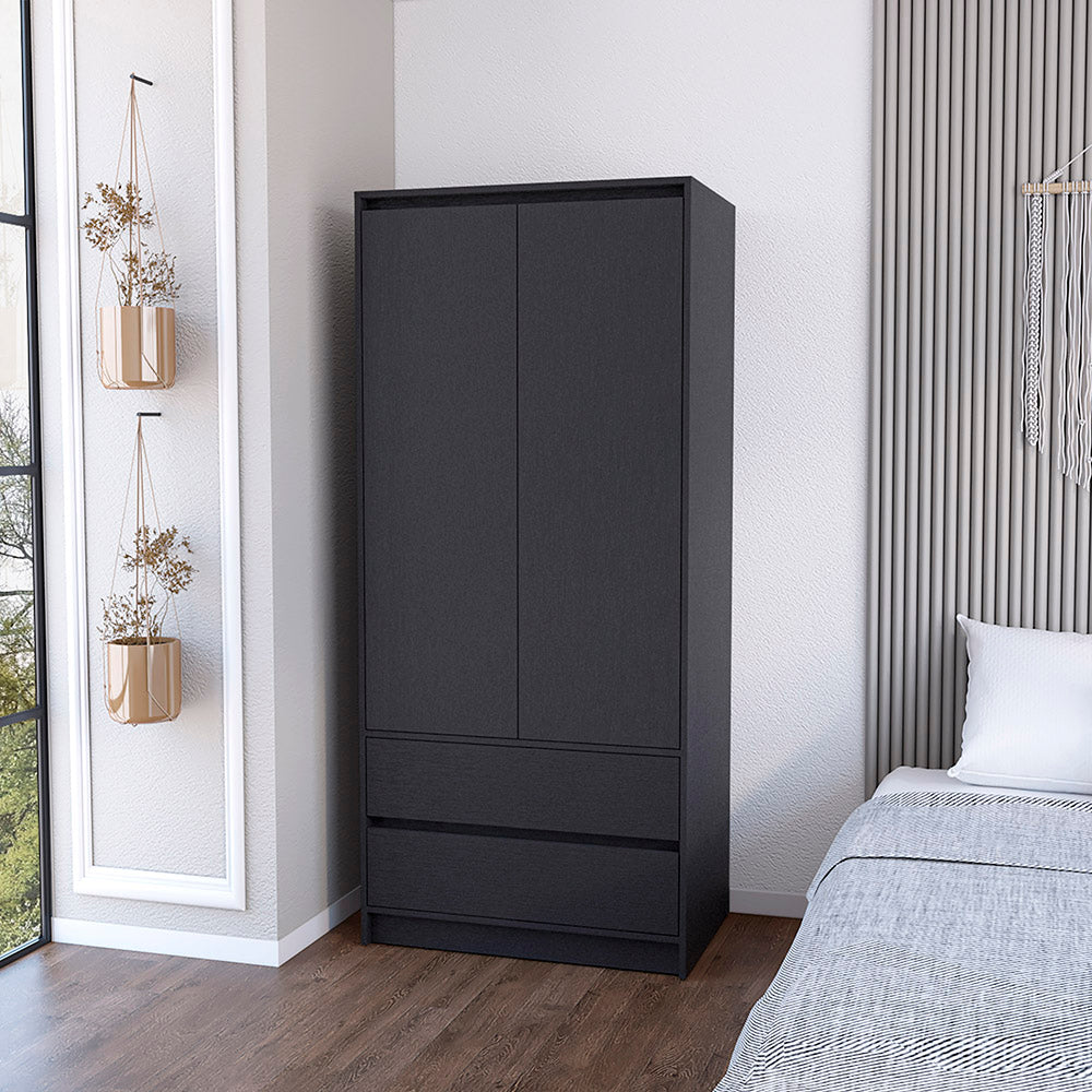 Closher Armoire in black finish with two doors and two drawers, perfect for bedroom storage.