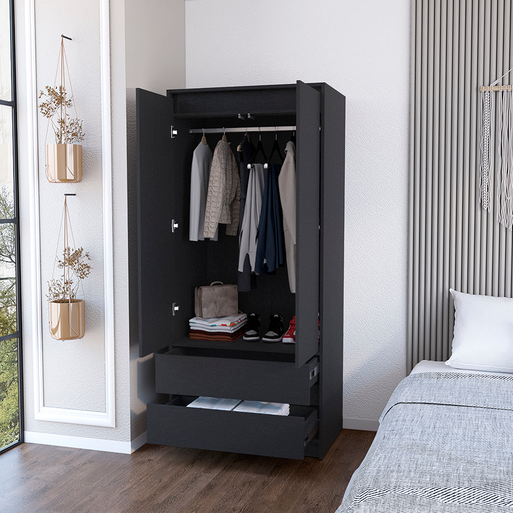 Closher Armoire in black finish with two doors and two drawers, perfect for bedroom storage.