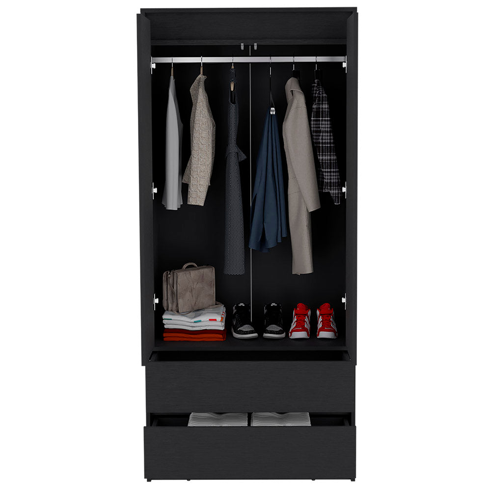 Closher Armoire in black finish with two doors and two drawers, perfect for bedroom storage.