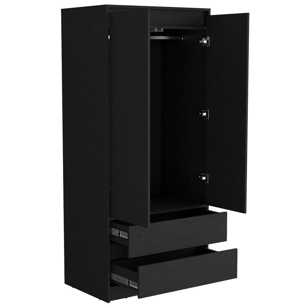 Closher Armoire in black finish with two doors and two drawers, perfect for bedroom storage.