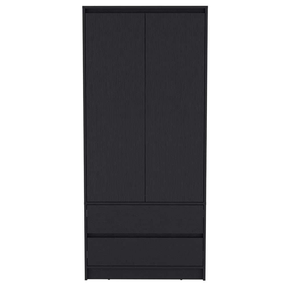 Closher Armoire in black finish with two doors and two drawers, perfect for bedroom storage.