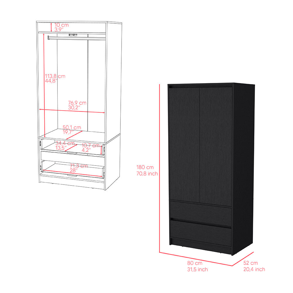 Closher Armoire in black finish with two doors and two drawers, perfect for bedroom storage.