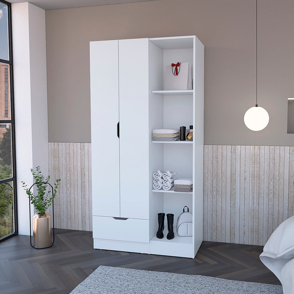 Dover Armoire in white with four shelves, a drawer, and double doors, showcasing modern design and functionality.