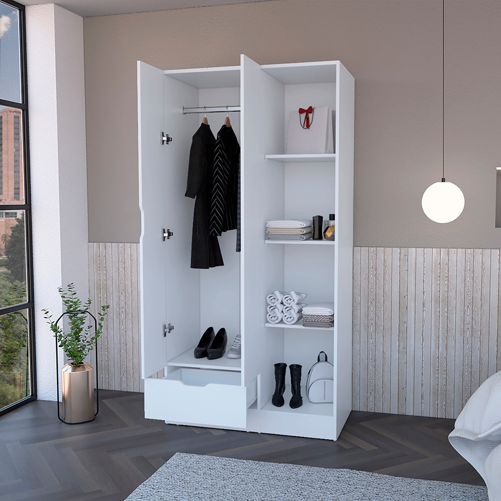 Dover Armoire in white with four shelves, a drawer, and double doors, showcasing modern design and functionality.